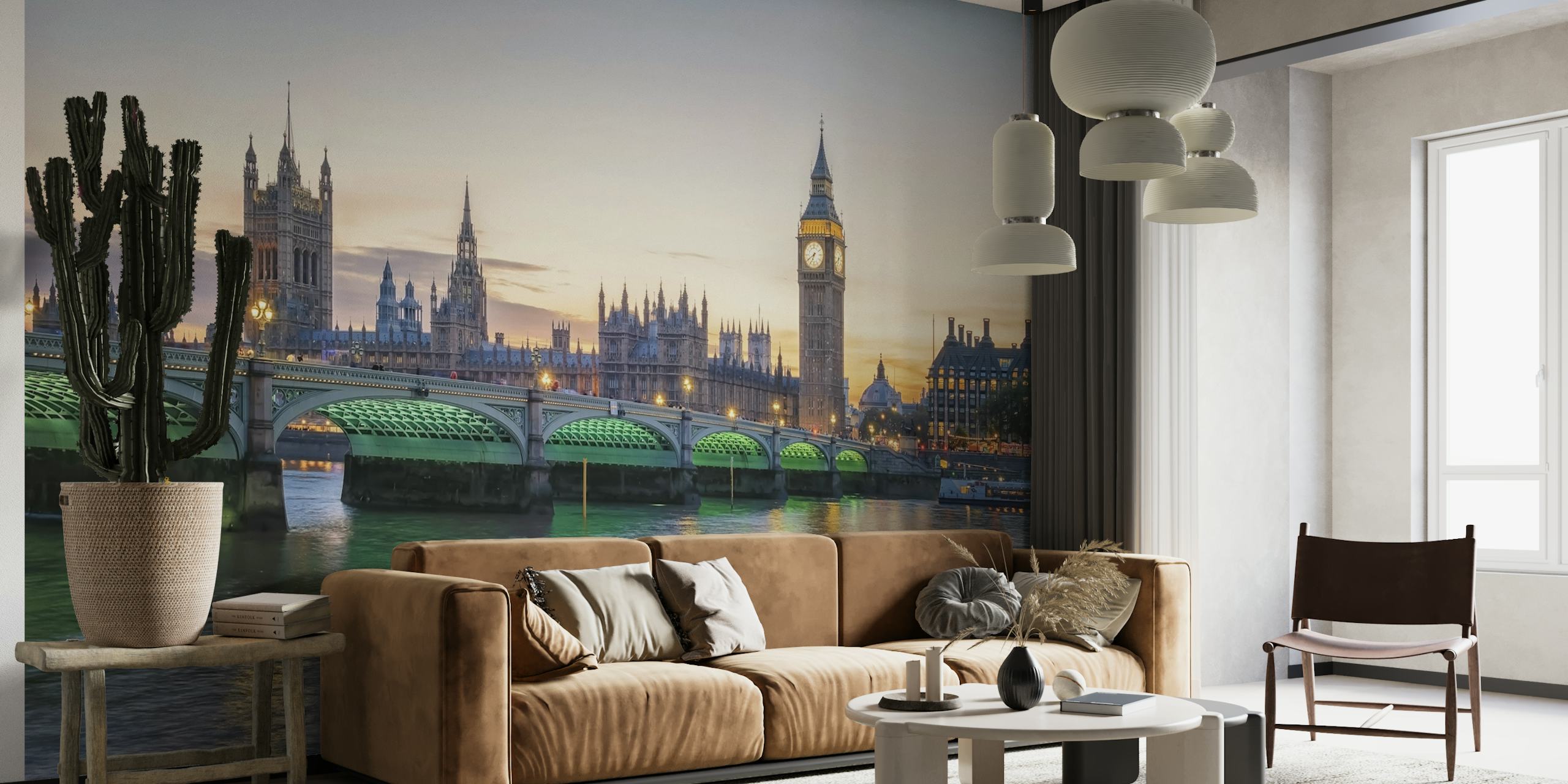 Horizonte de Londres con el Big Ben y el mural de las Casas del Parlamento al atardecer