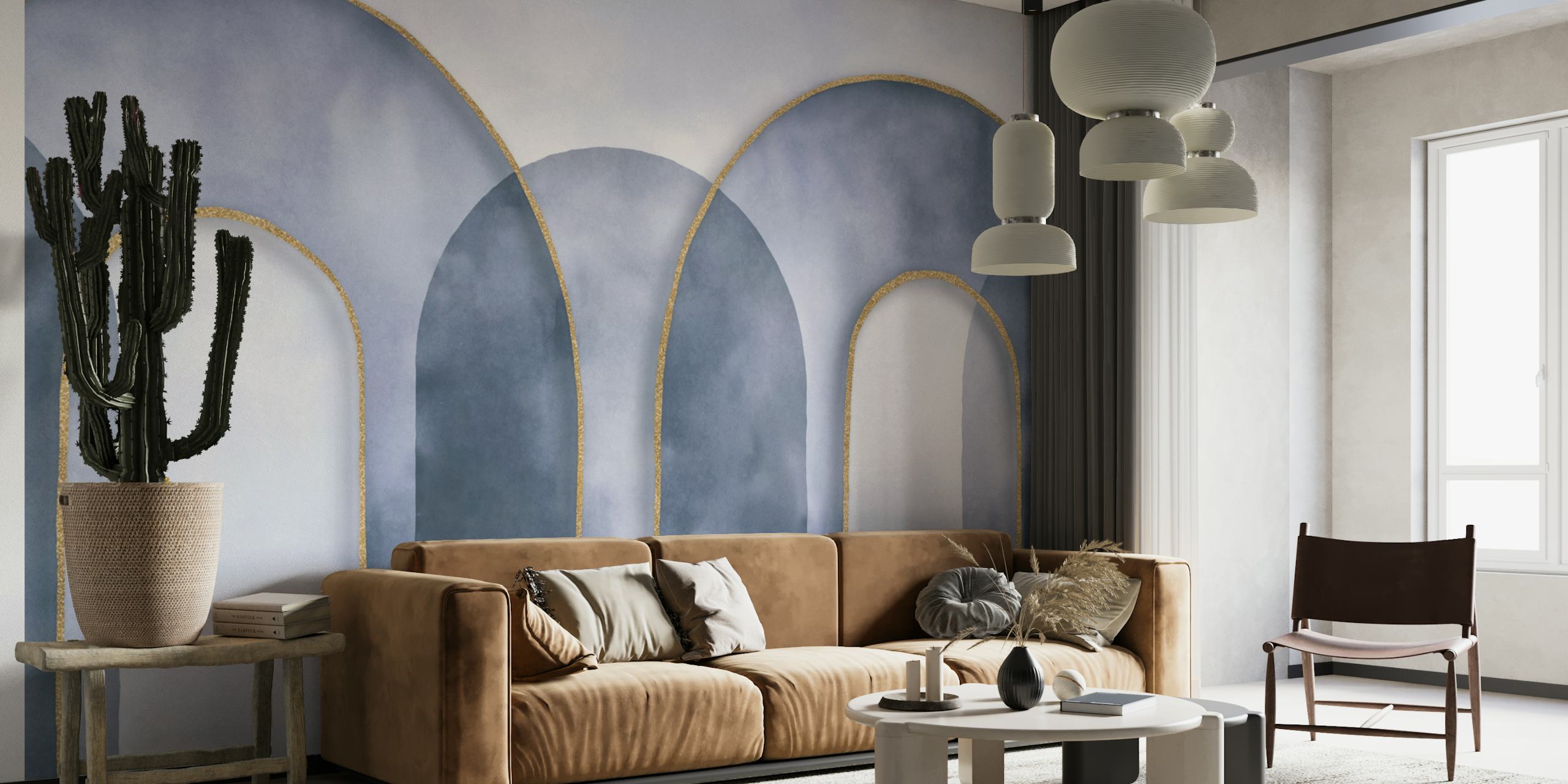 Blue arch watercolor design with gold accents wallpaper