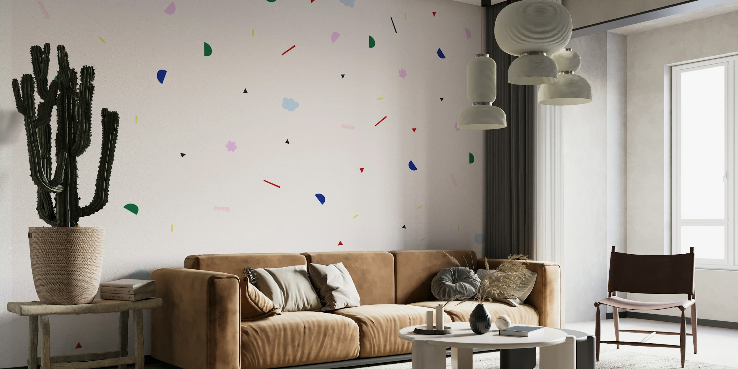 Farverig Mural happy shapes tapet i et rum