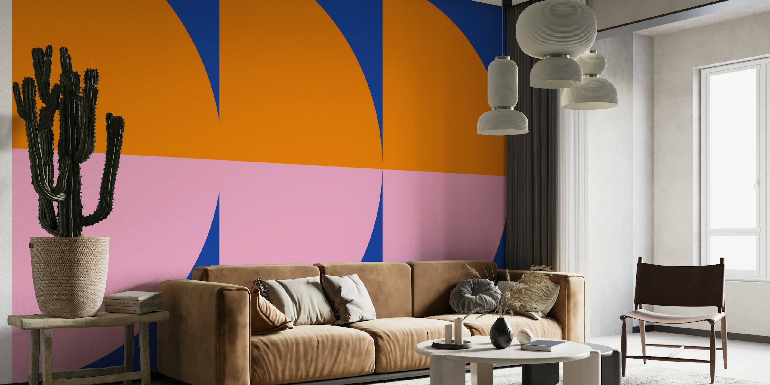 Colorful geometric pattern wallpaper with orange, pink, and blue segments