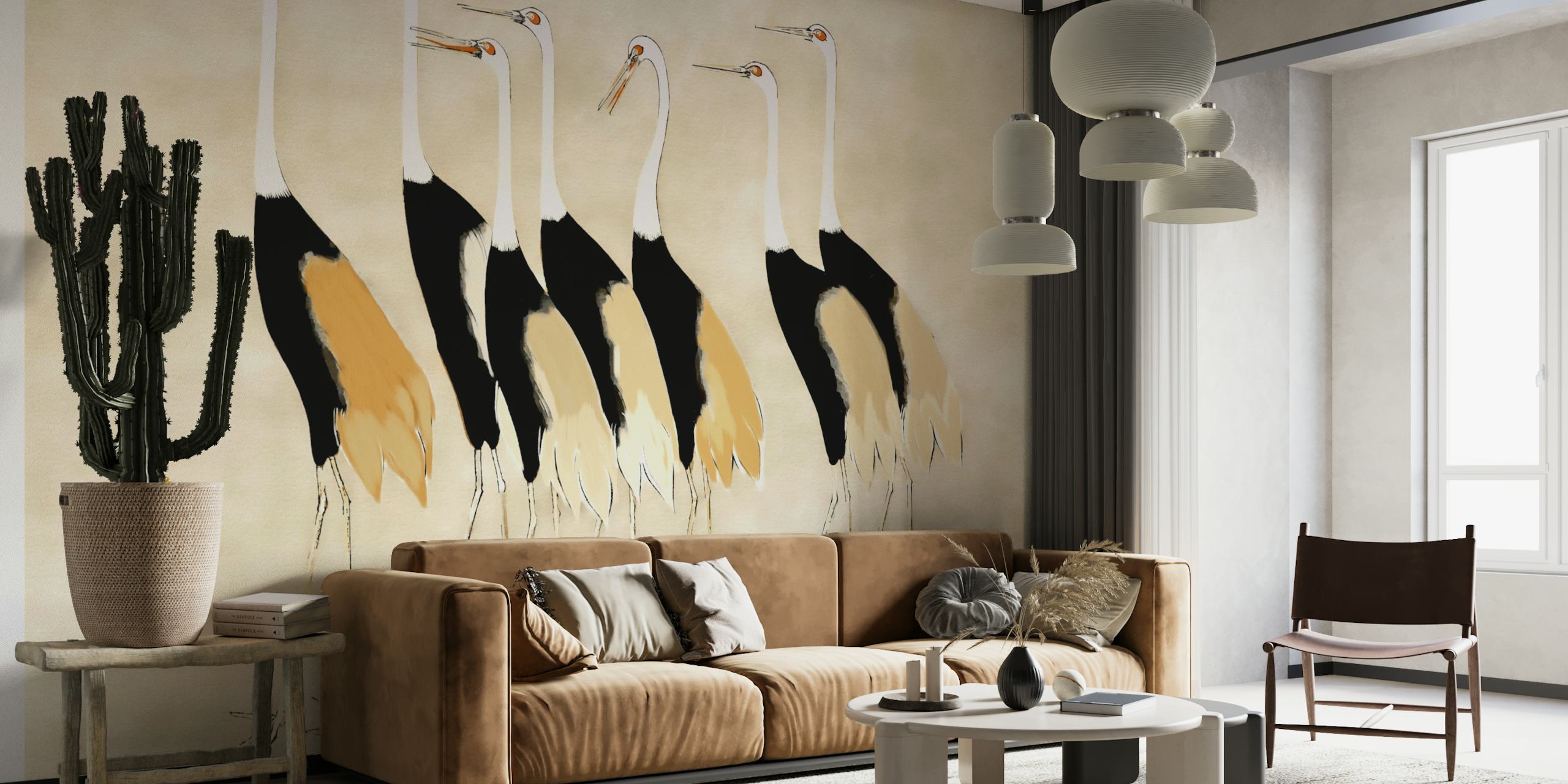 Neutral Japanese Cranes wallpaper in a room