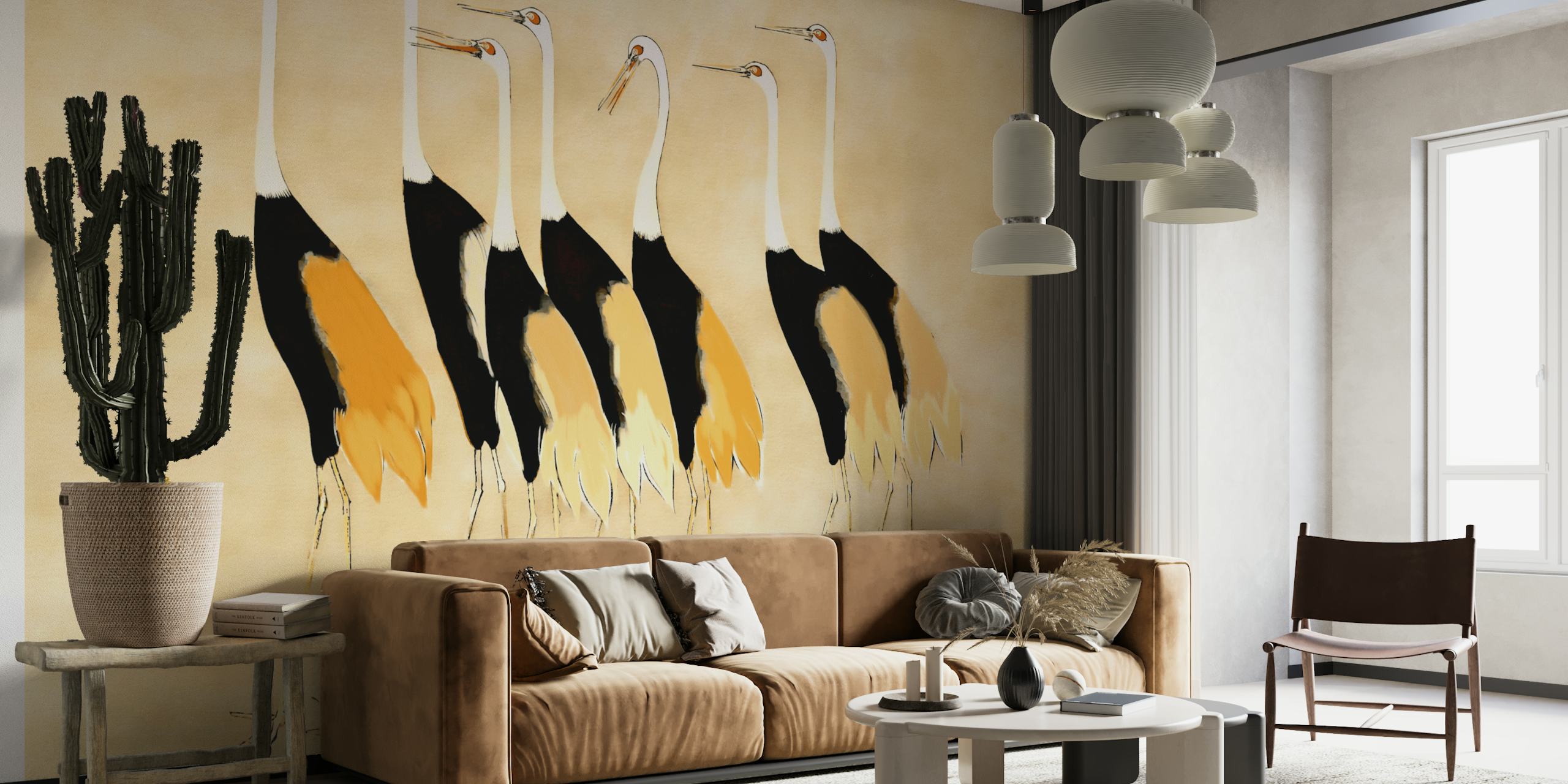 Six crane birds in orange and beige tones on a light background wallpaper