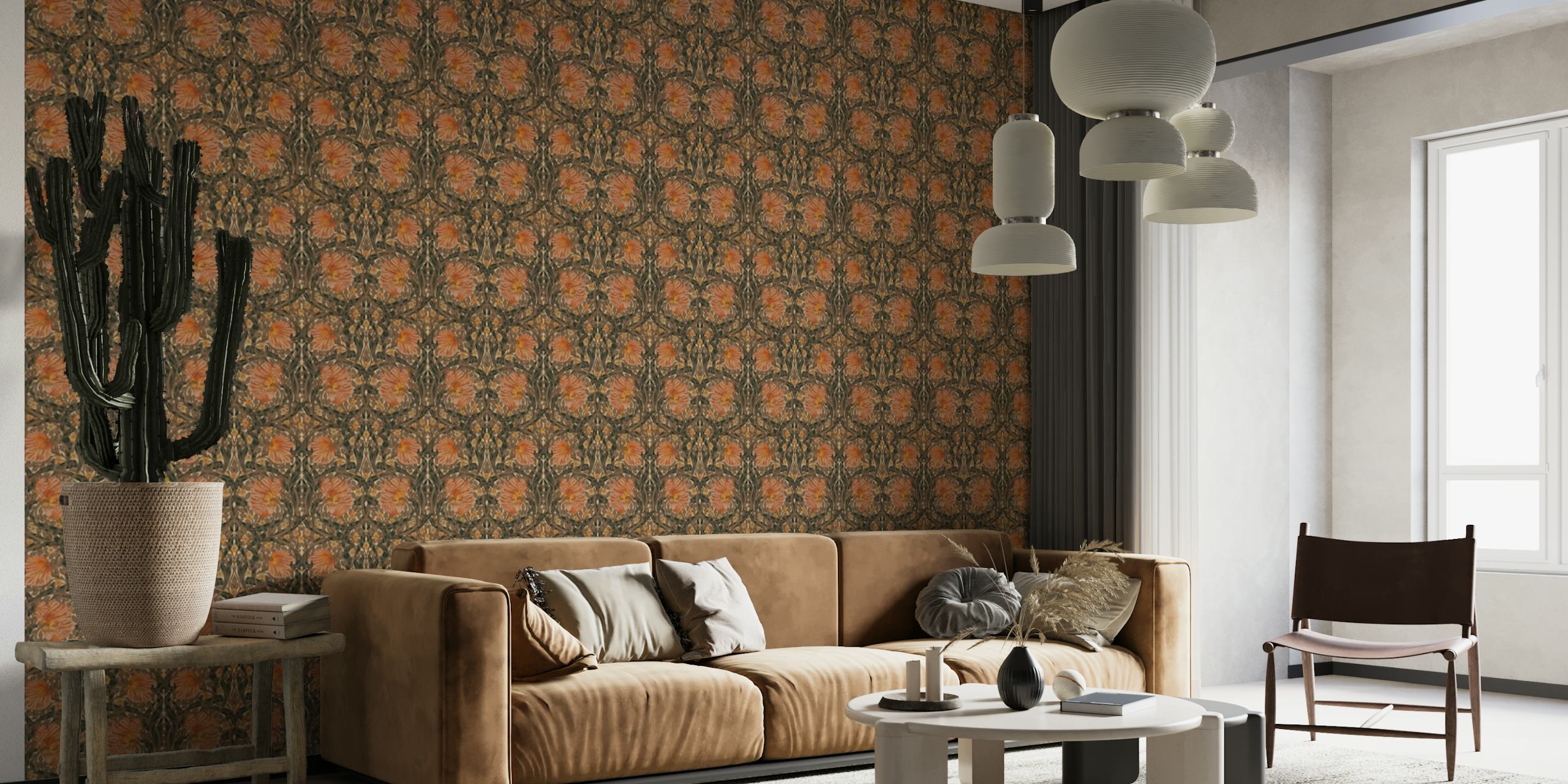 Pimpernel wallpaper in copper and sage green