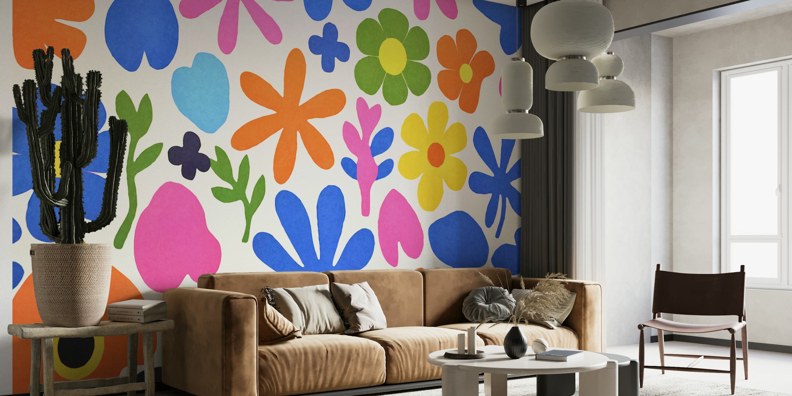 Colorful Retro Groovy Matisse Flowers wallpaper in a room
