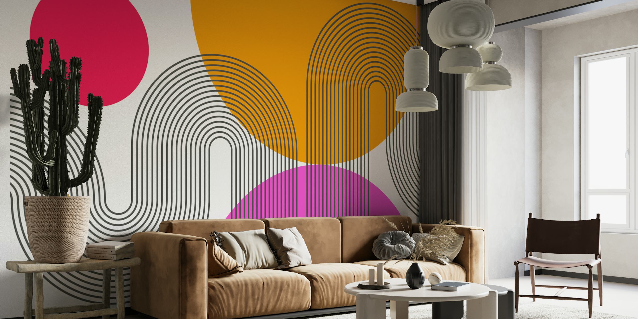 Abstract geometric wallpaper with colorful lines and circles in pink, orange, and black