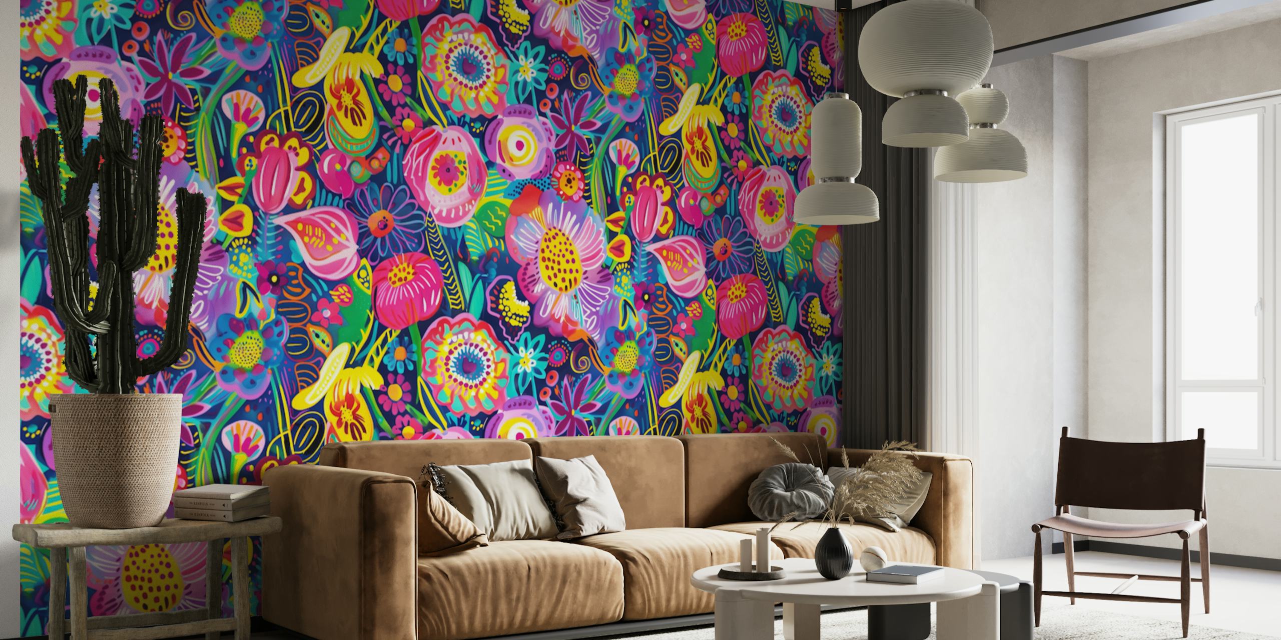 Papel de parede Vibrant Maximalist Floral em um quarto