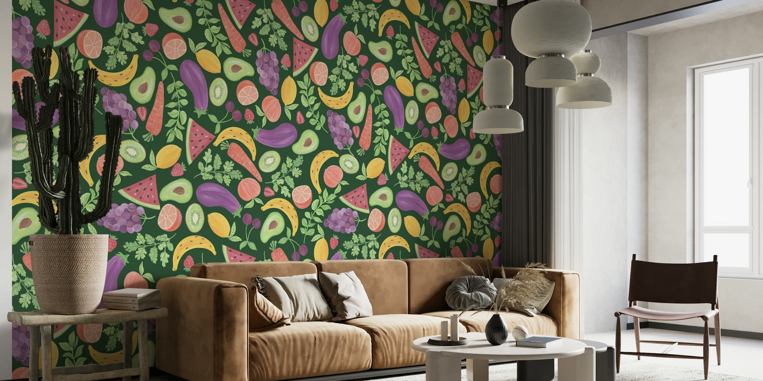 Fruits and veggies patterned wallpaper in a room