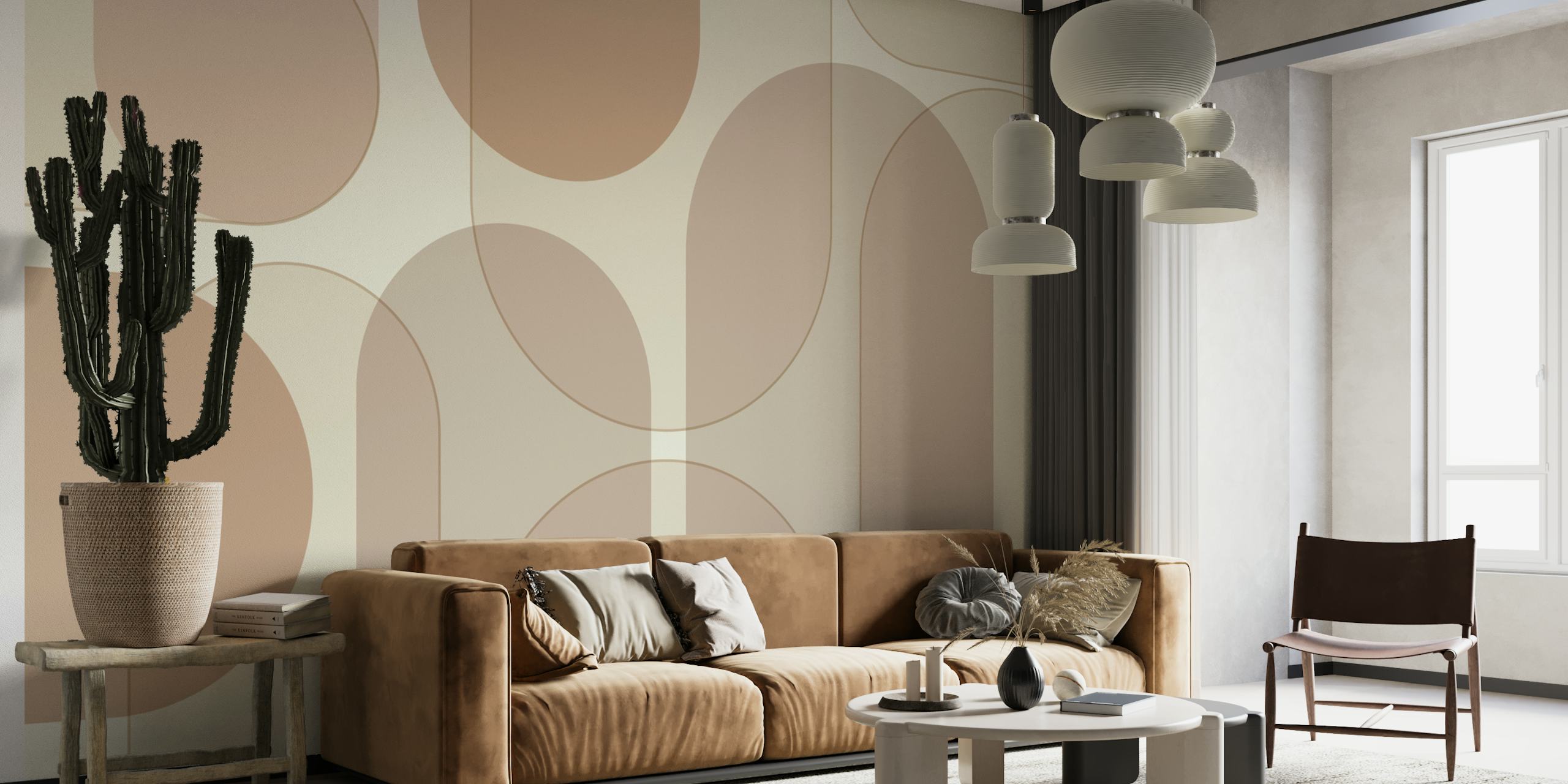 Abstract geometric patterns in soft beige and cream wallpaper