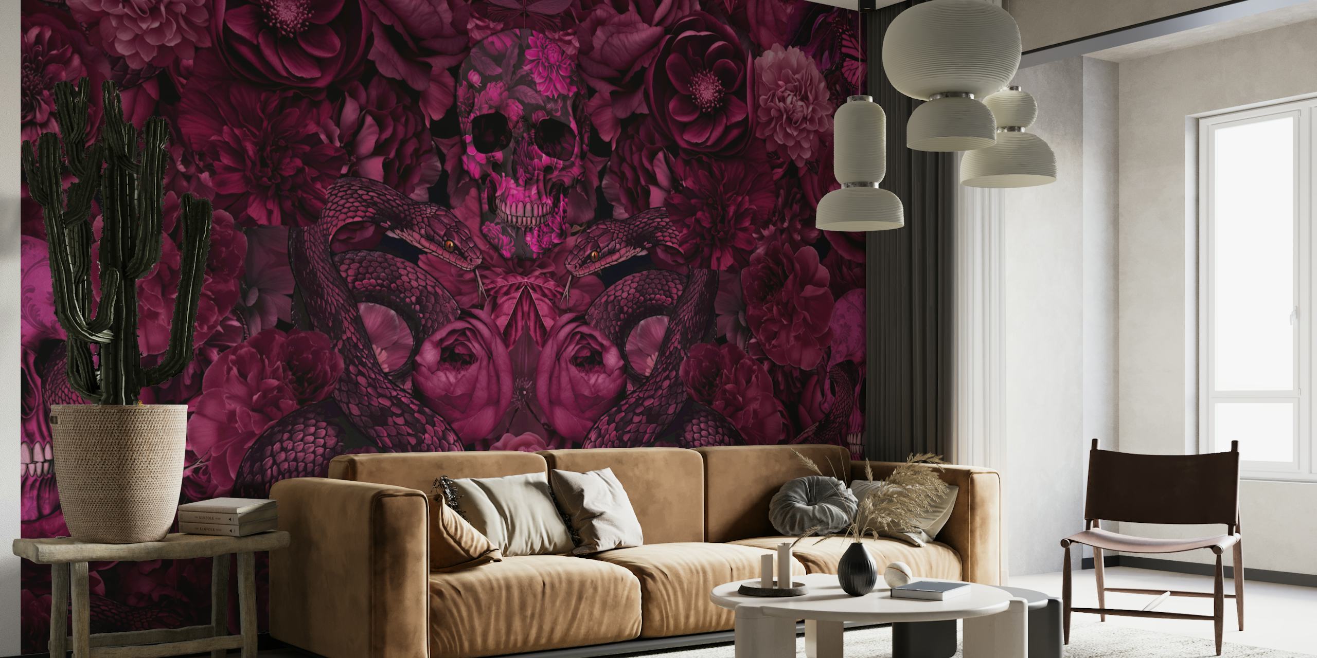 Papier peint goth floral skull snake dans une pièce