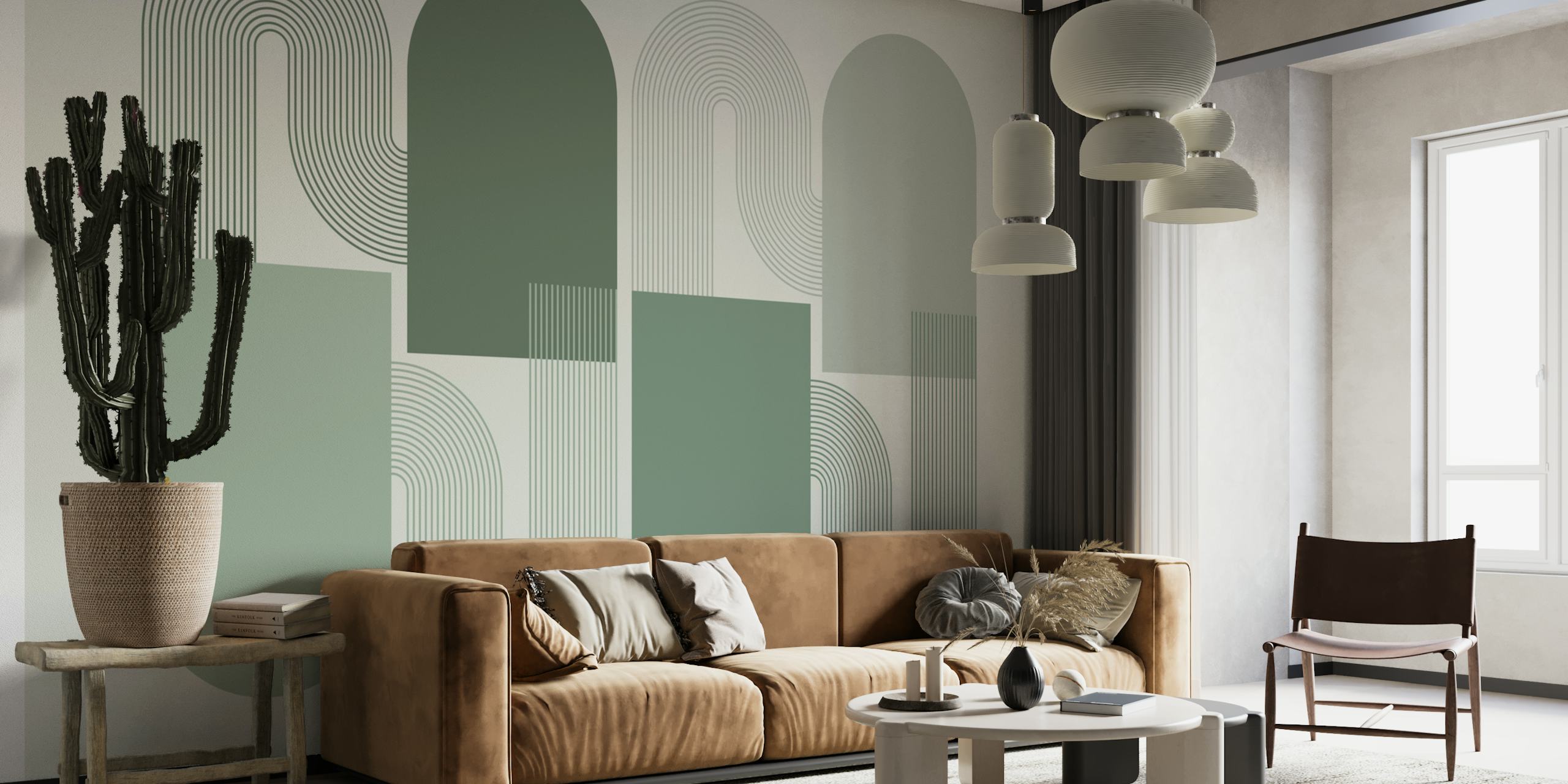 Green abstract mid-century arch geometry wallpaper