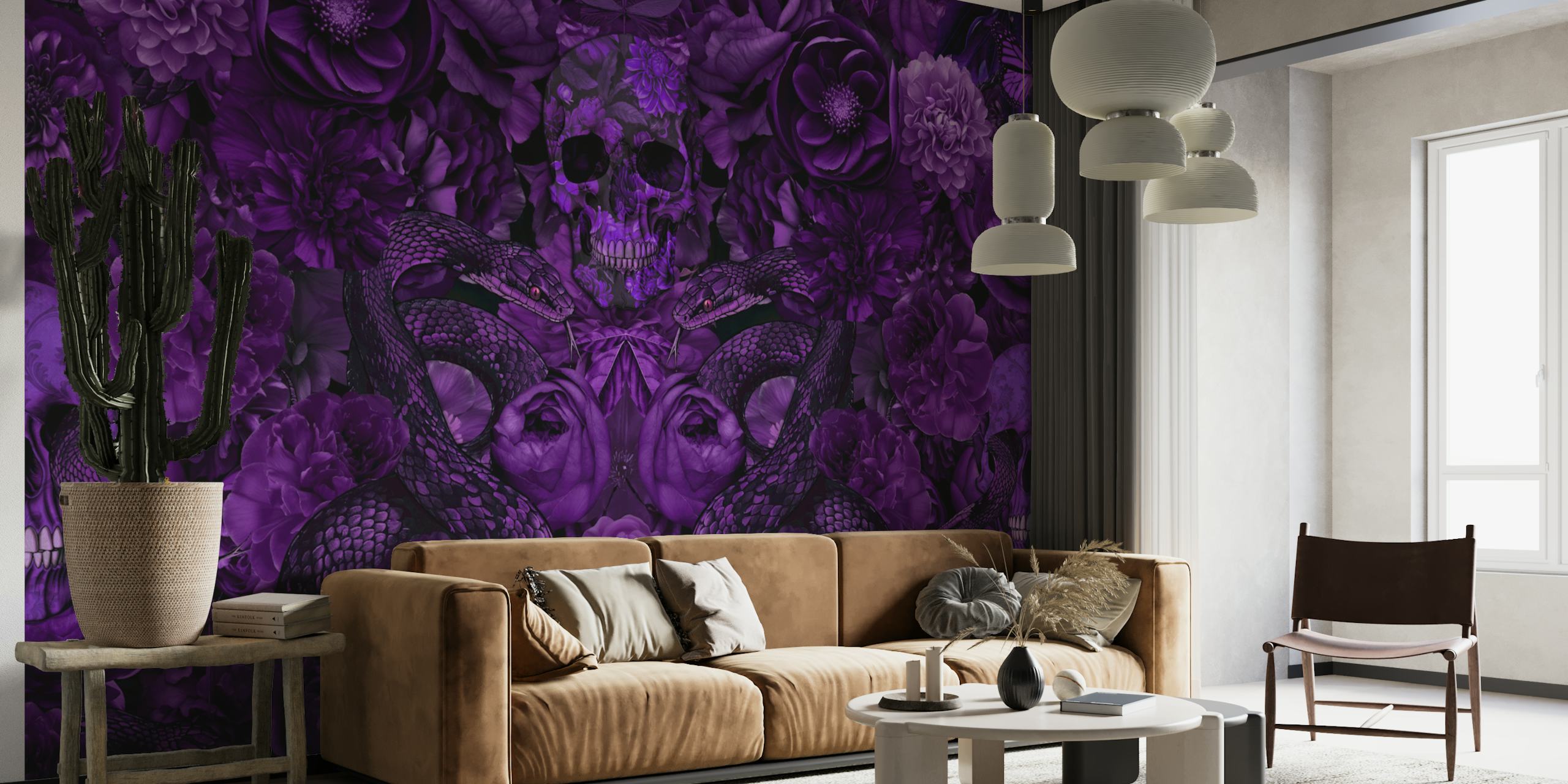 Baroque Flower Skull Snake Purple wallpaper in room