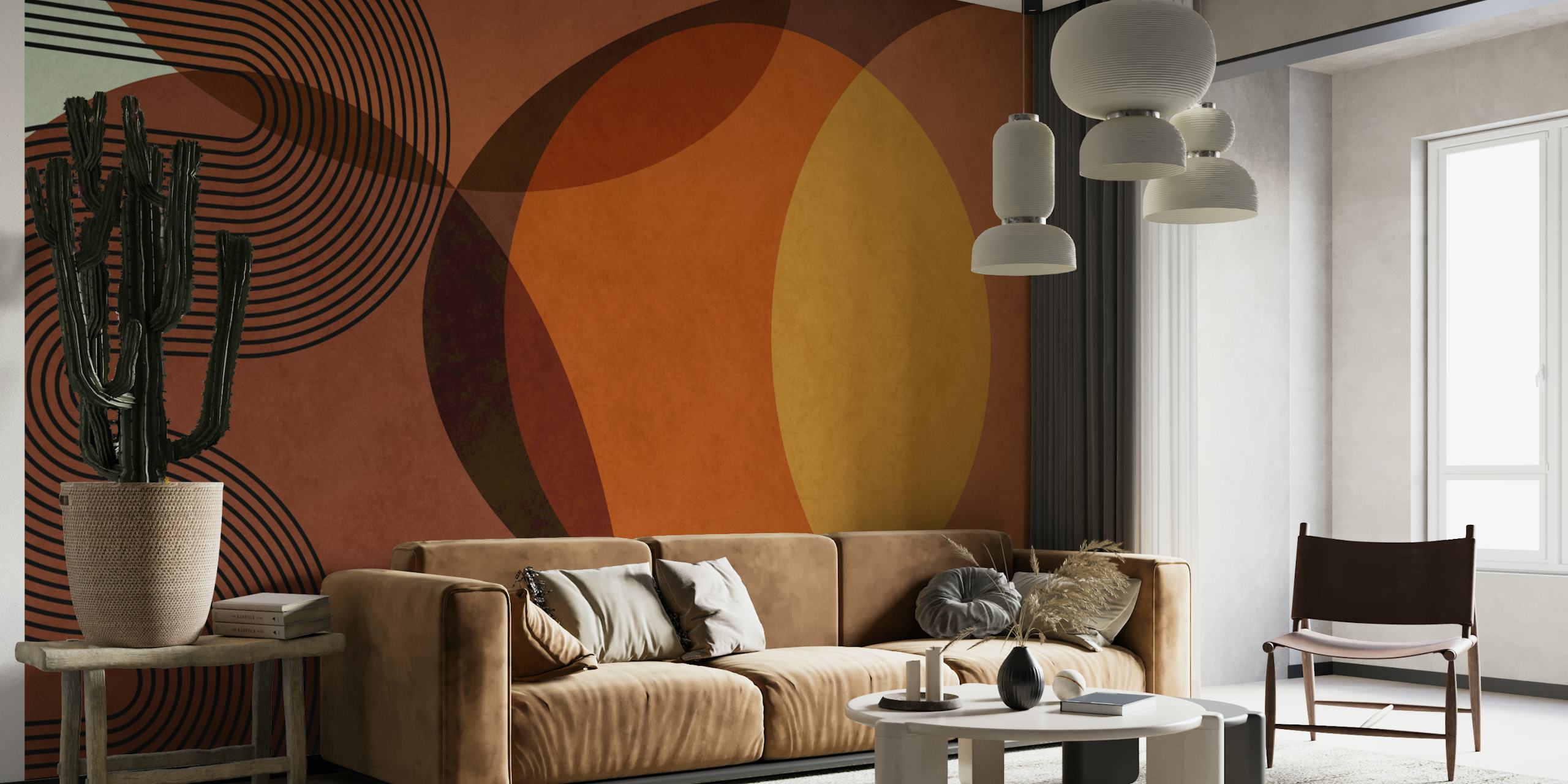 Abstract organic shapes in orange and brown on a textured wallpaper