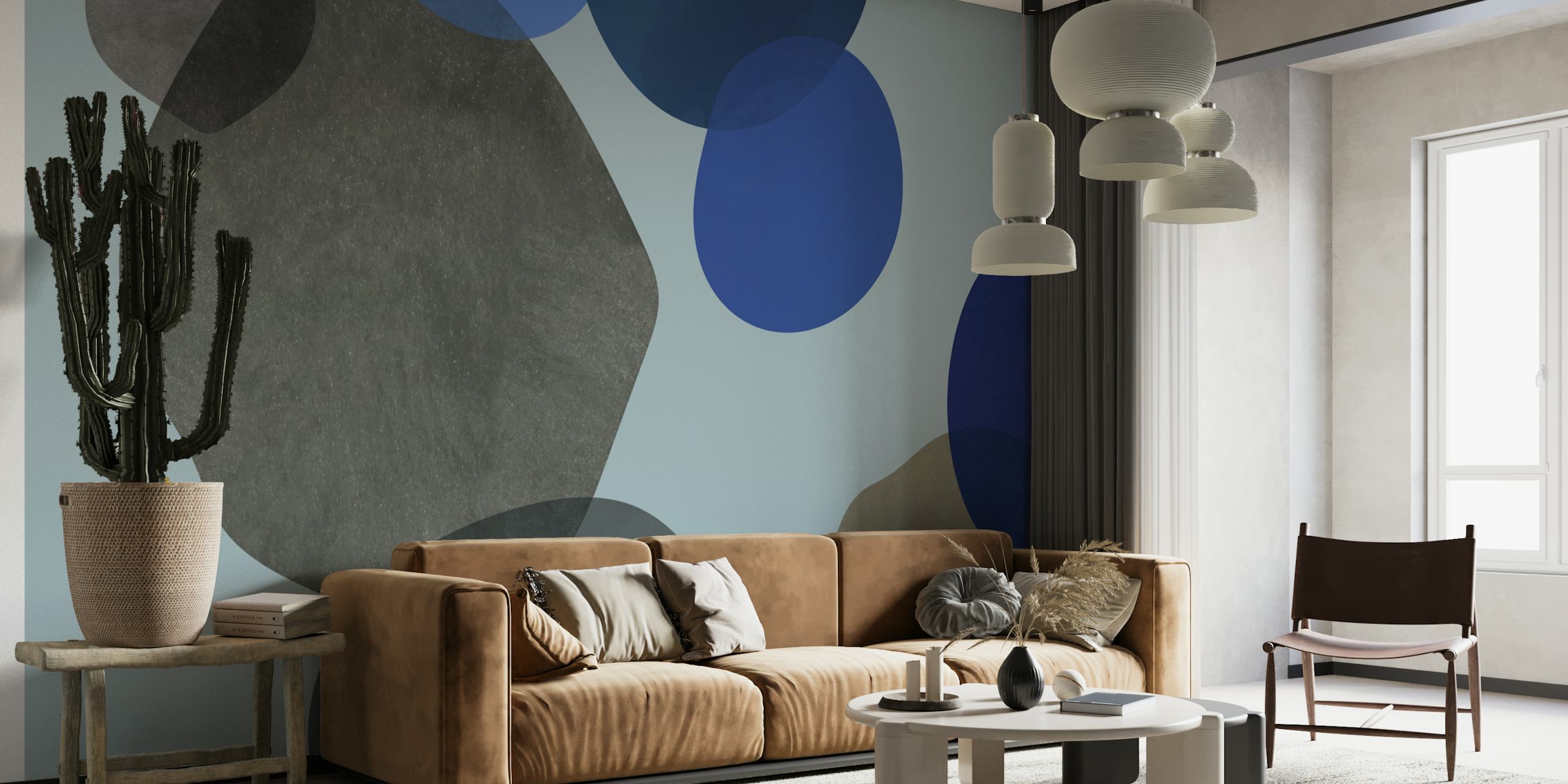 Abstract curved shapes in blue and grey wallpaper