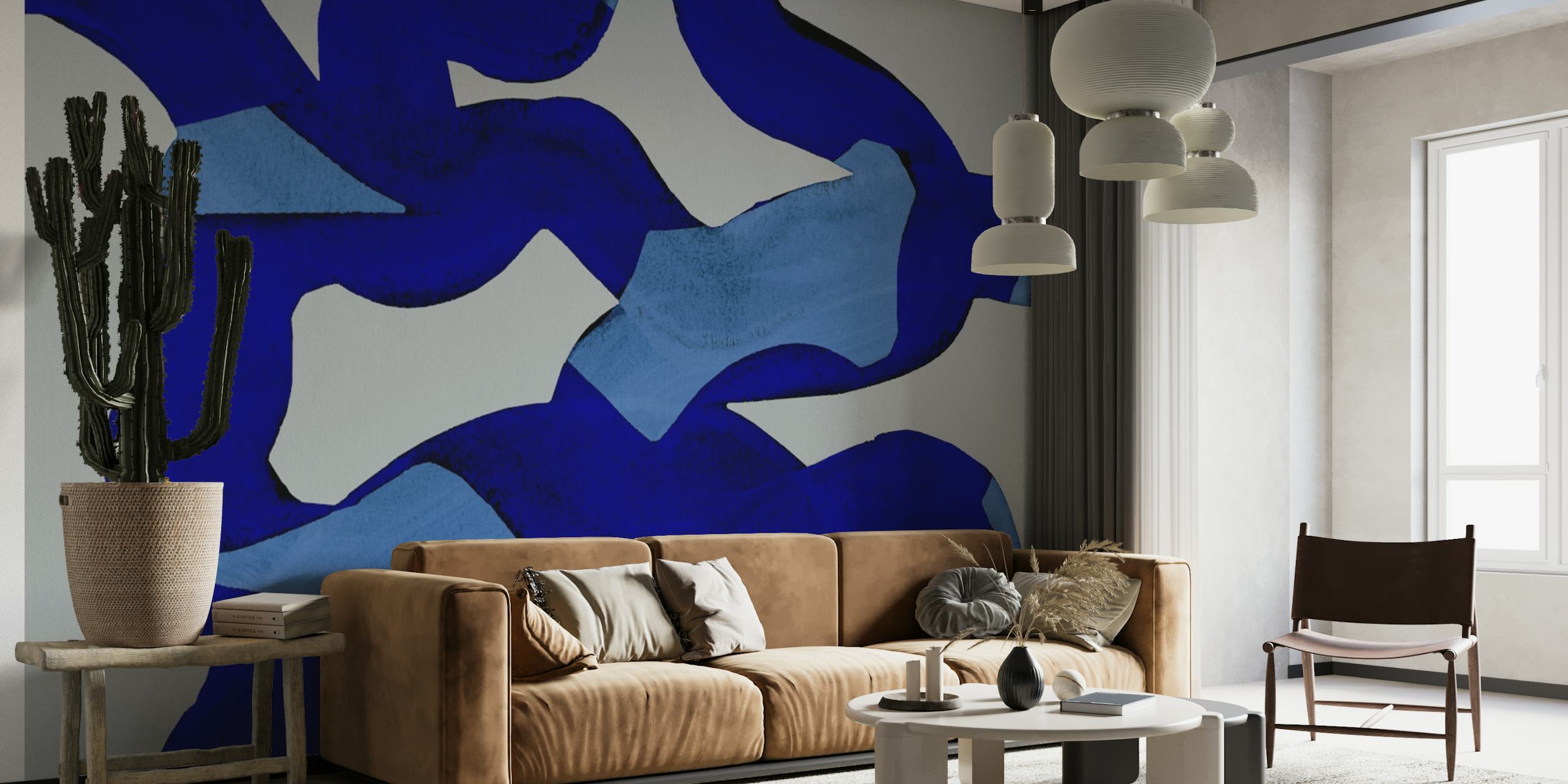 Blue abstract brush strokes wallpaper in room