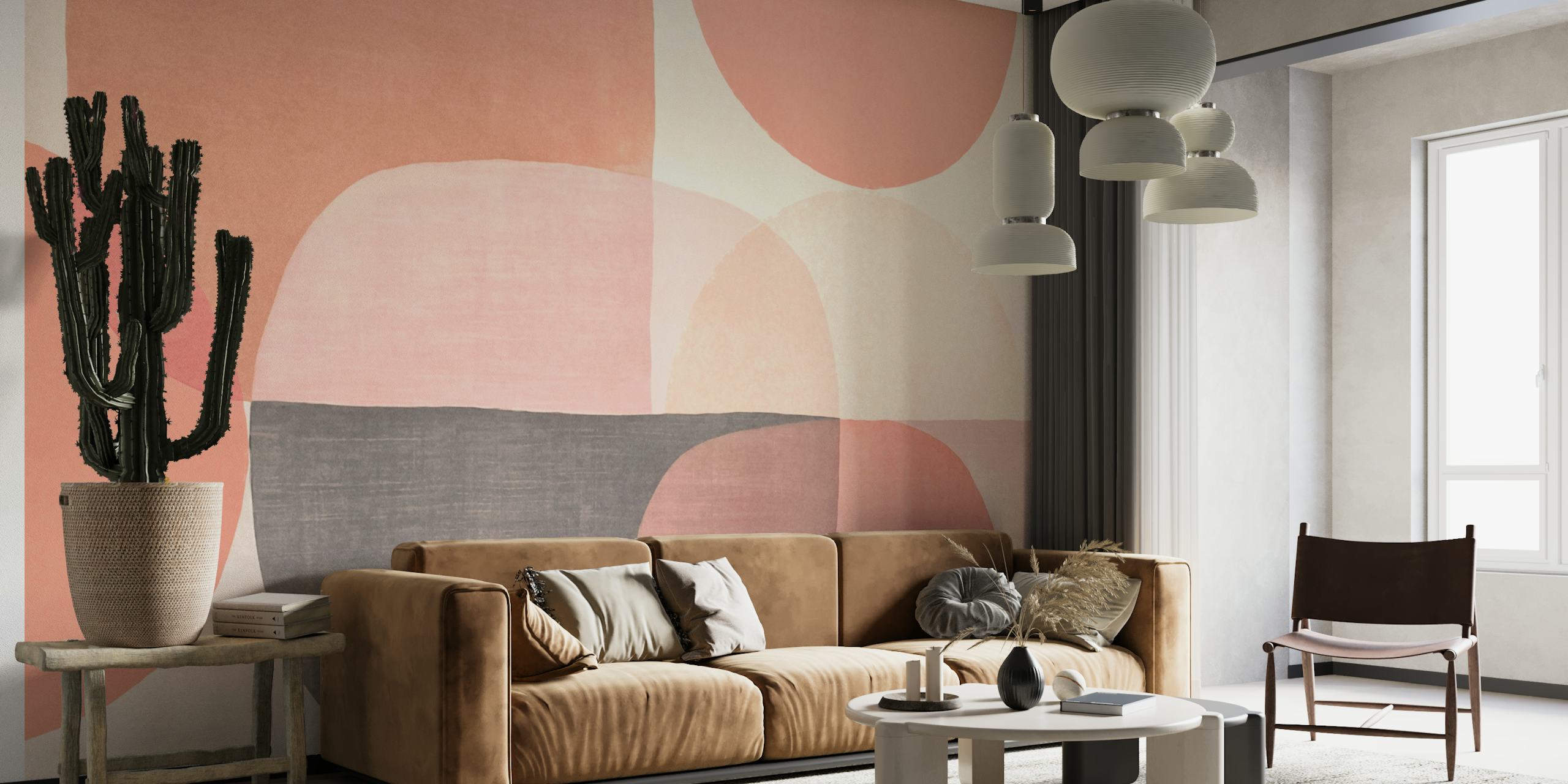 Mid Century carta da parati con forme tonde in pesca