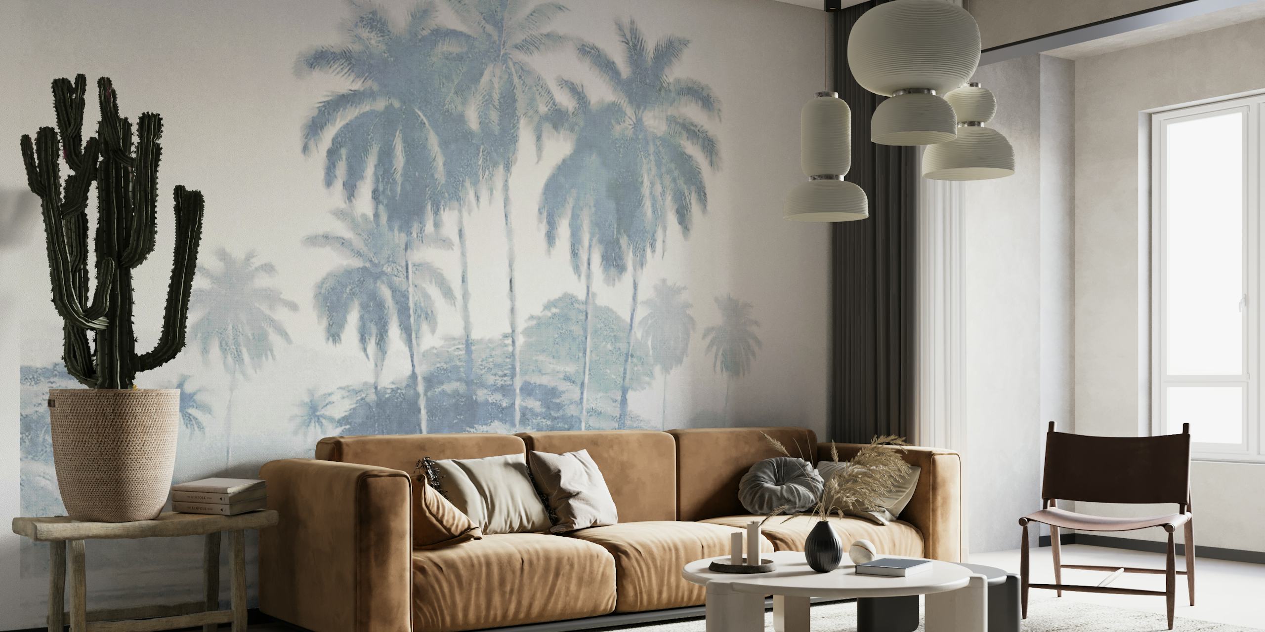 Vintage palm landscape wallpaper in soft blue tones, fine art style