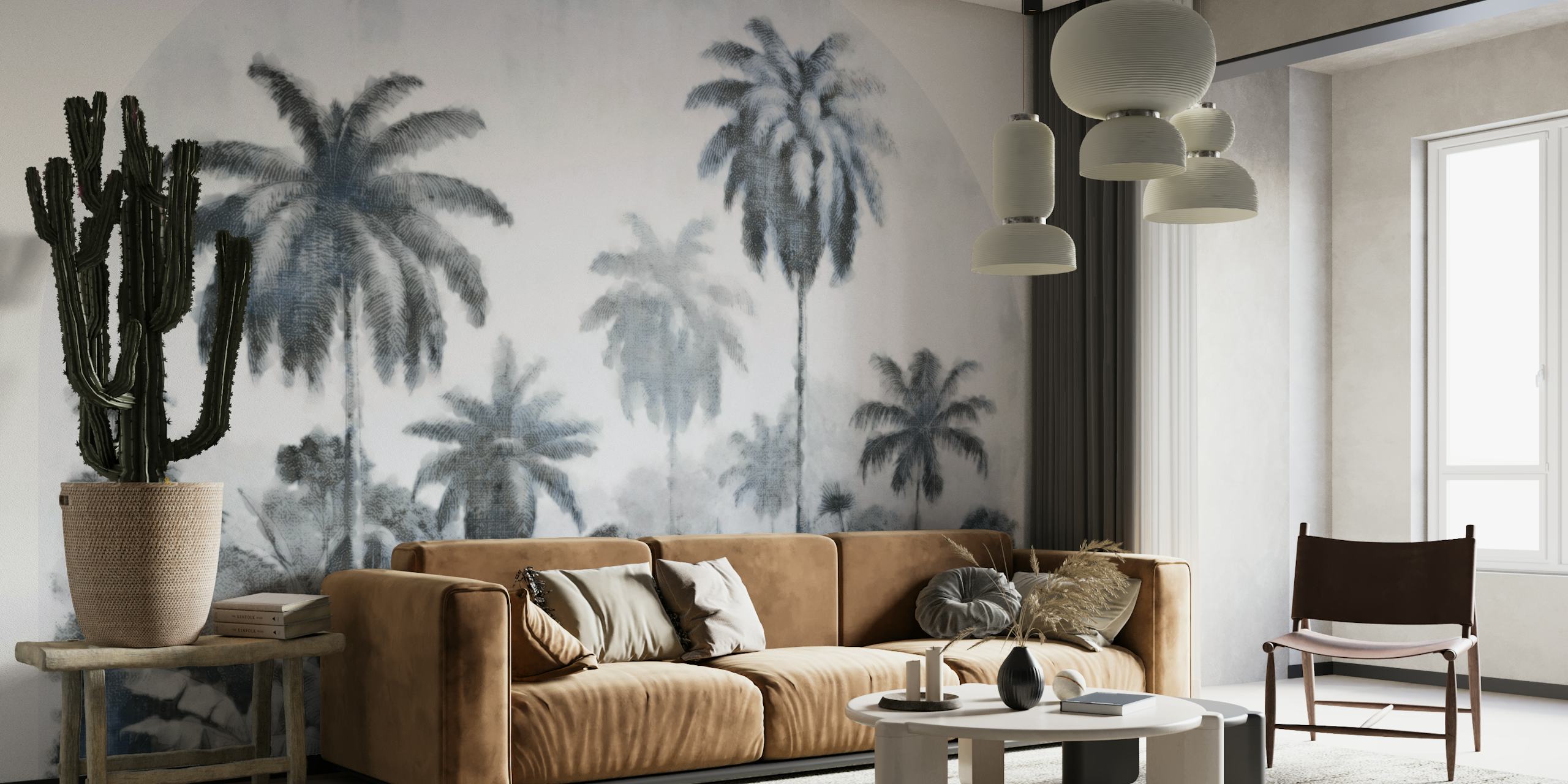 Tropical palm trees and leaves in gray and blue vintage wallpaper