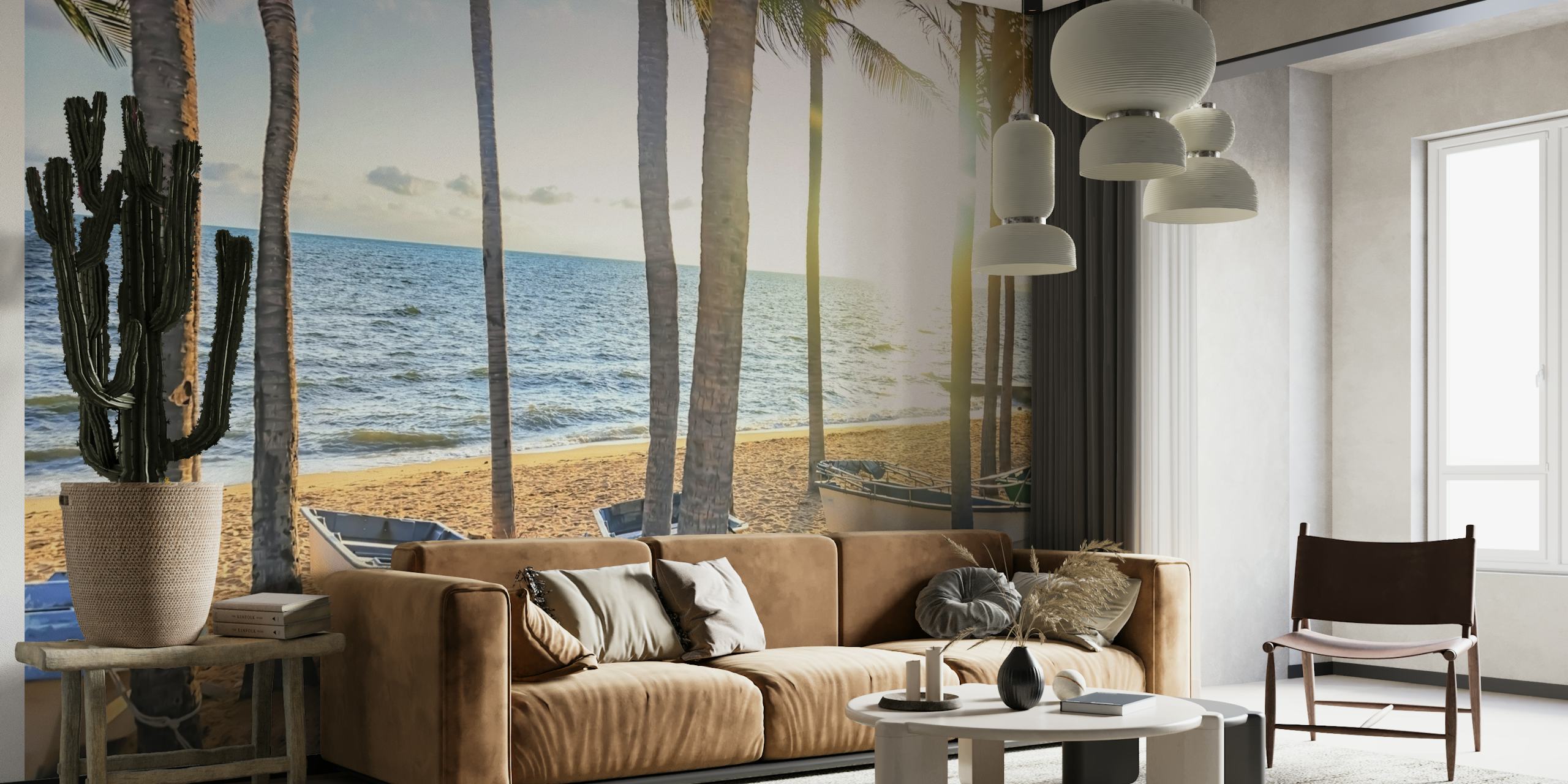 Tropical beach scene with palm trees, boats, blue ocean wallpaper