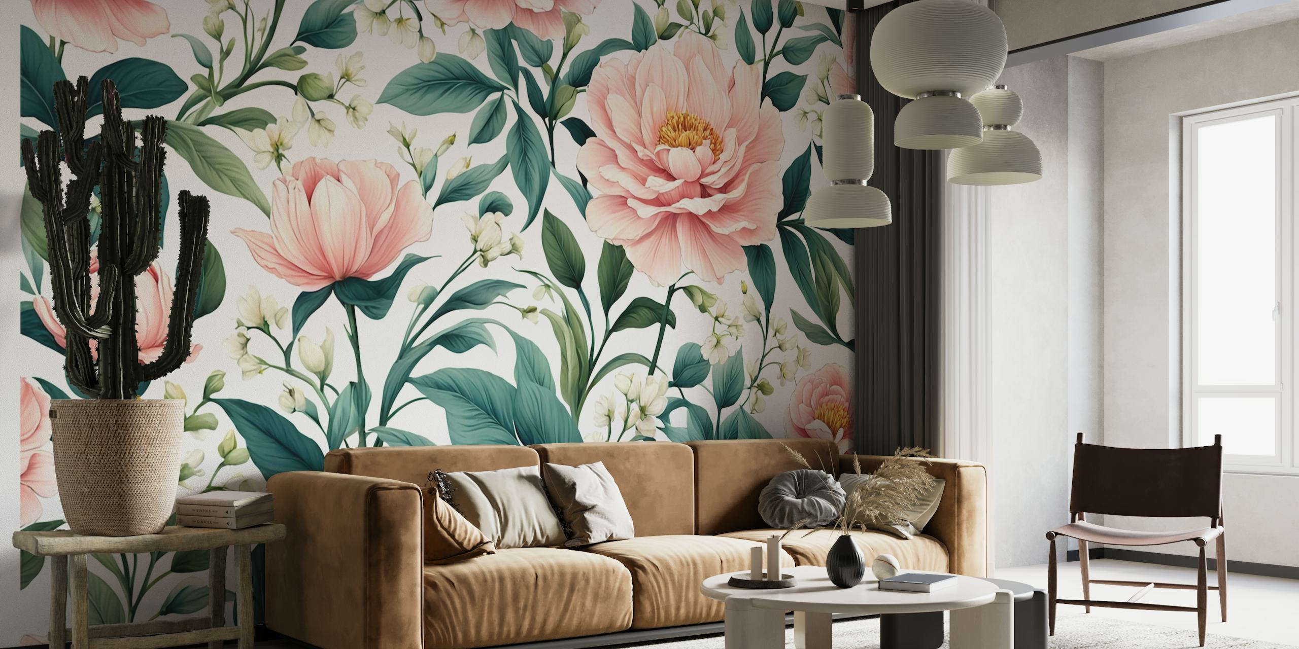 Pink floral arrangement wallpaper with leafy green accents