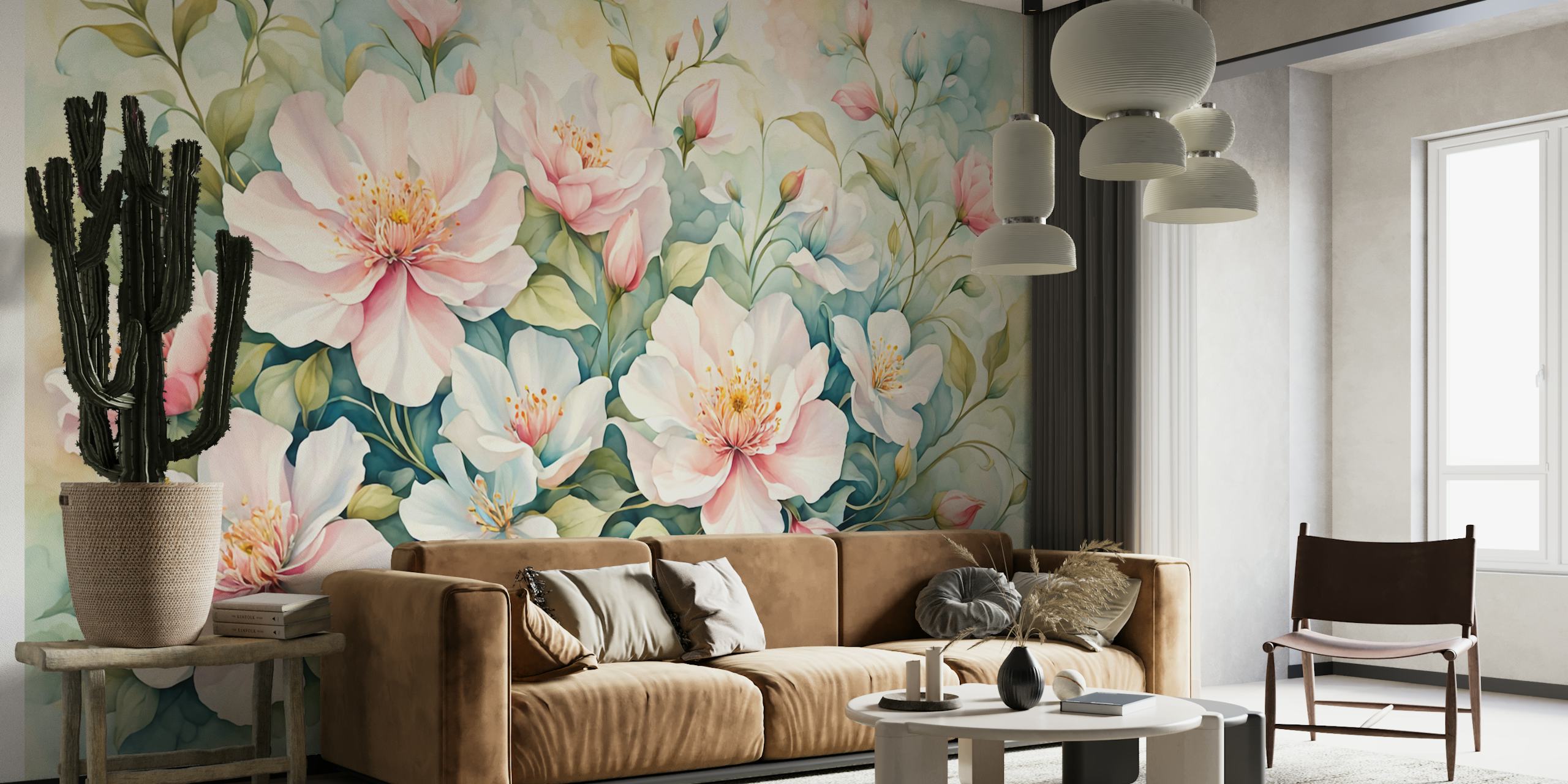 Pink flowers arrangement wallpaper in a room