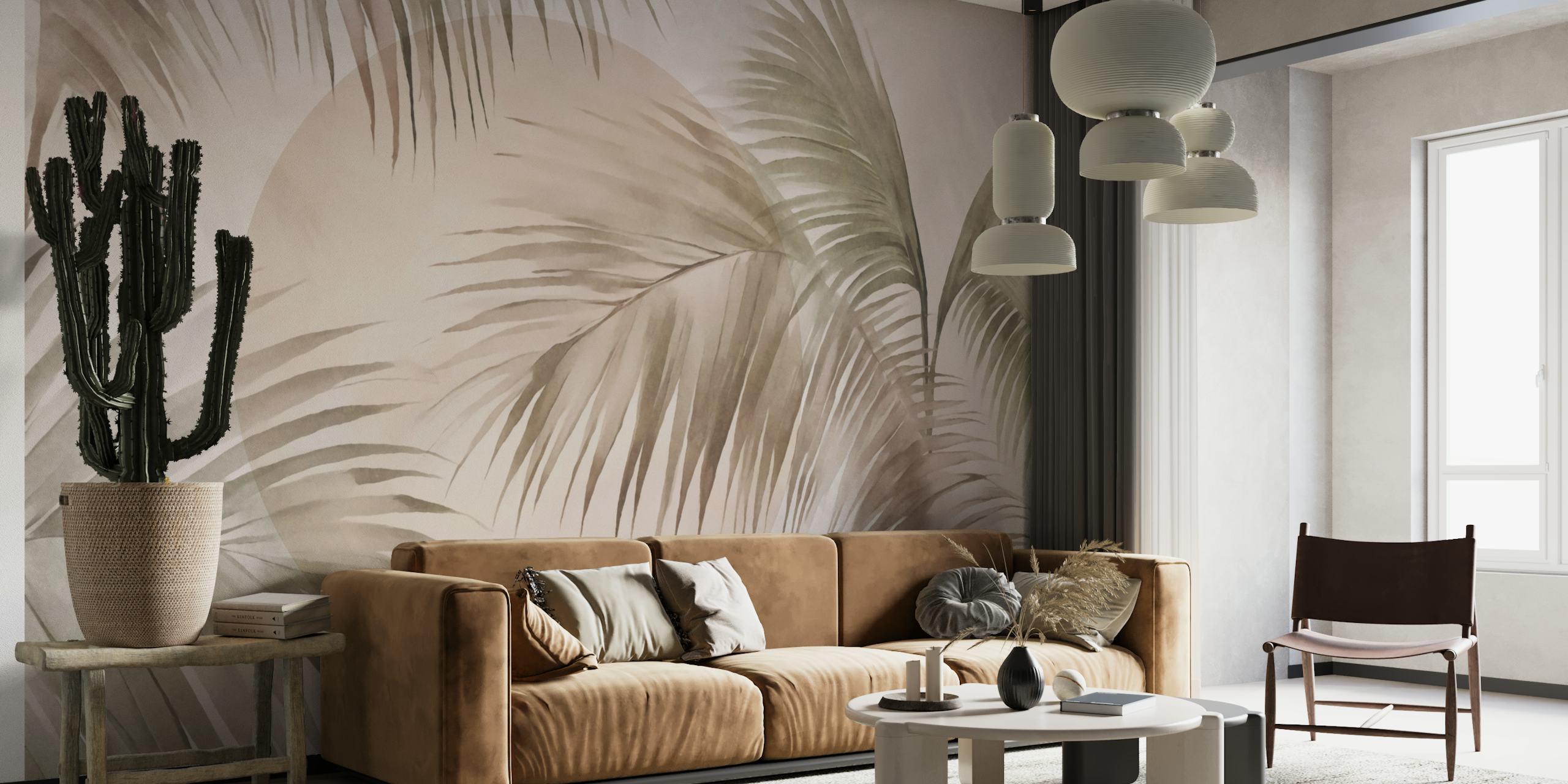Tropical palm leaves in soft peach and muted green wallpaper