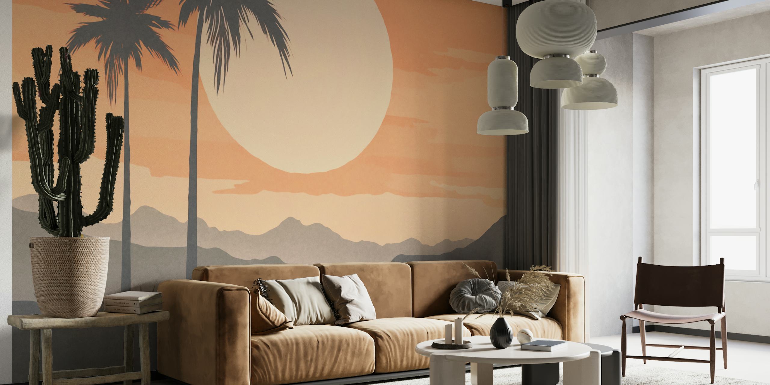 Tropical Island Sunrise Watercolor ταπετσαρία σε ένα δωμάτιο