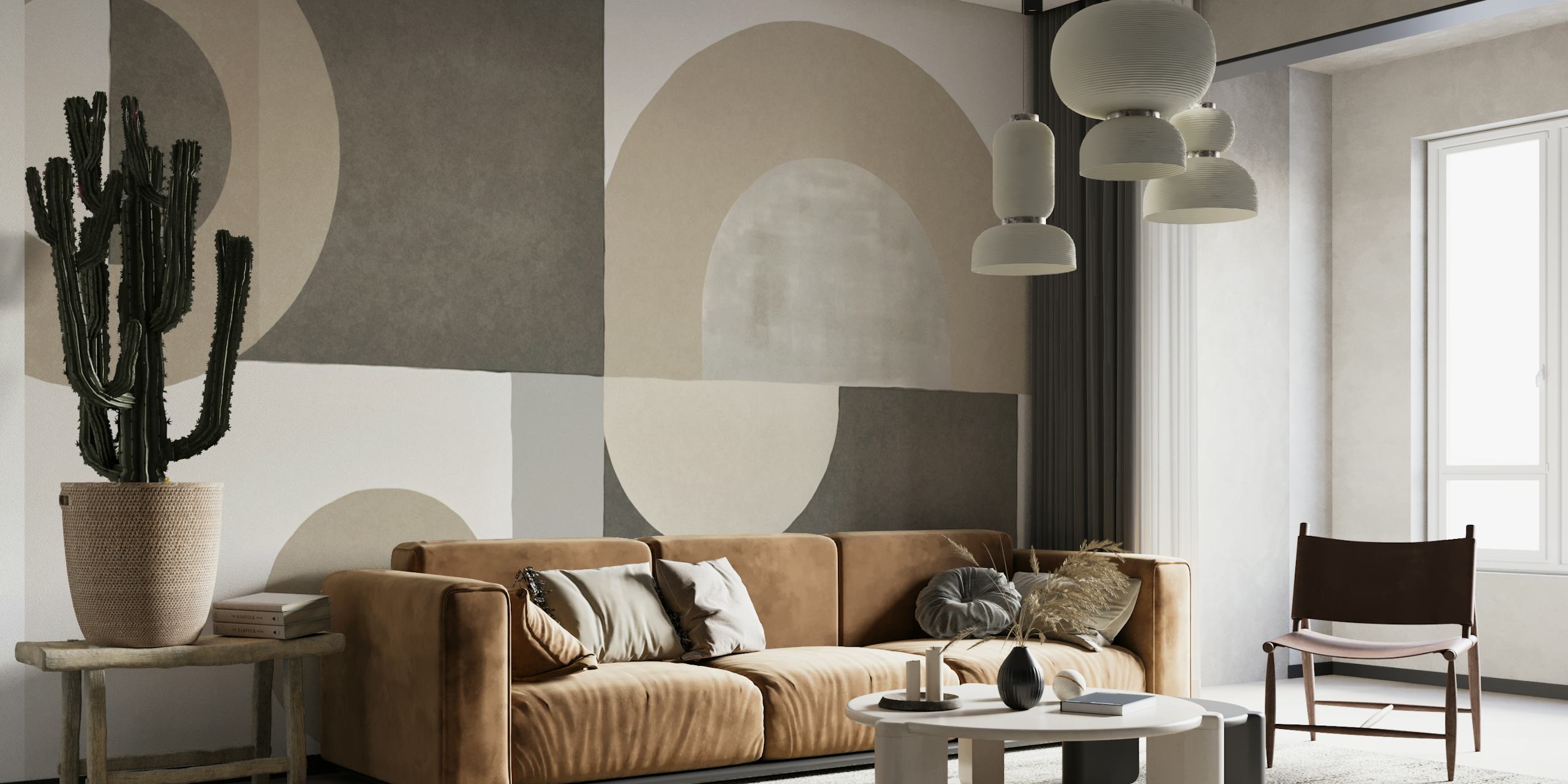 Contemporary Shapes Neutral Beige papel de parede em um quarto