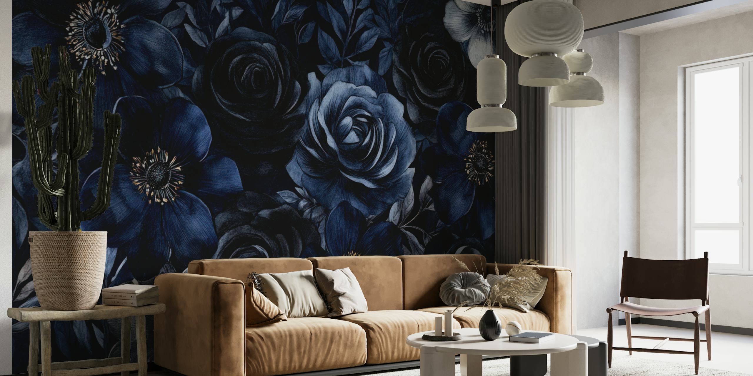 Midnight blue floral wallpaper with dark roses and anemones