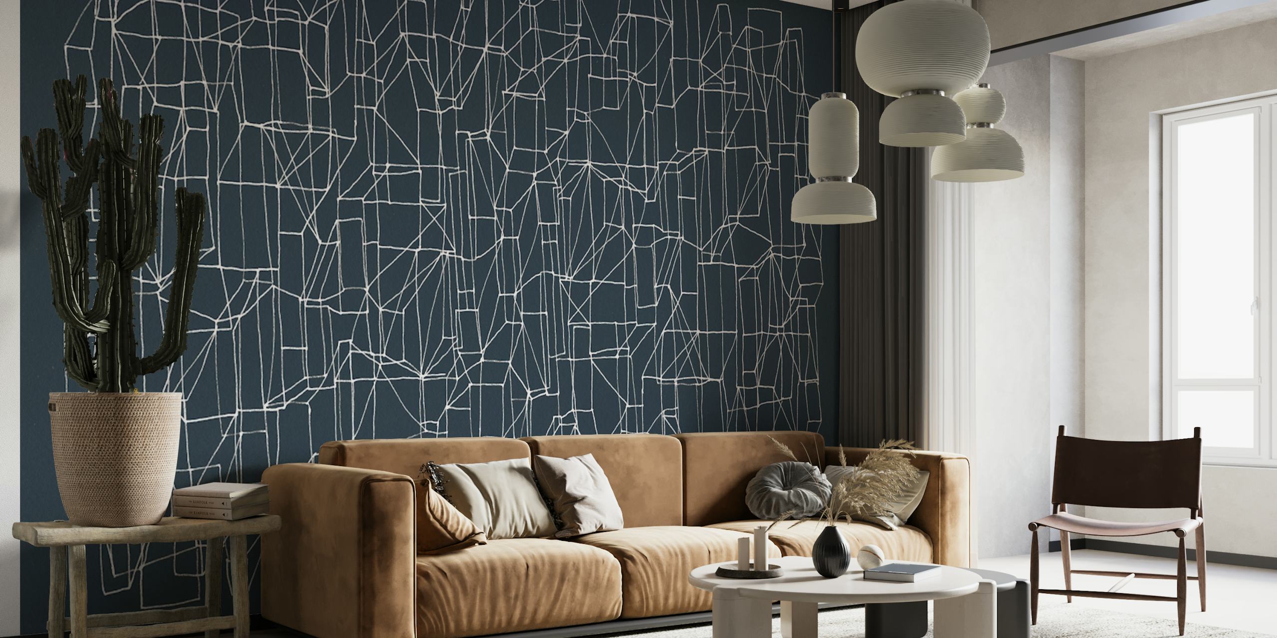 Geometric line grid pattern in white on dark blue wallpaper