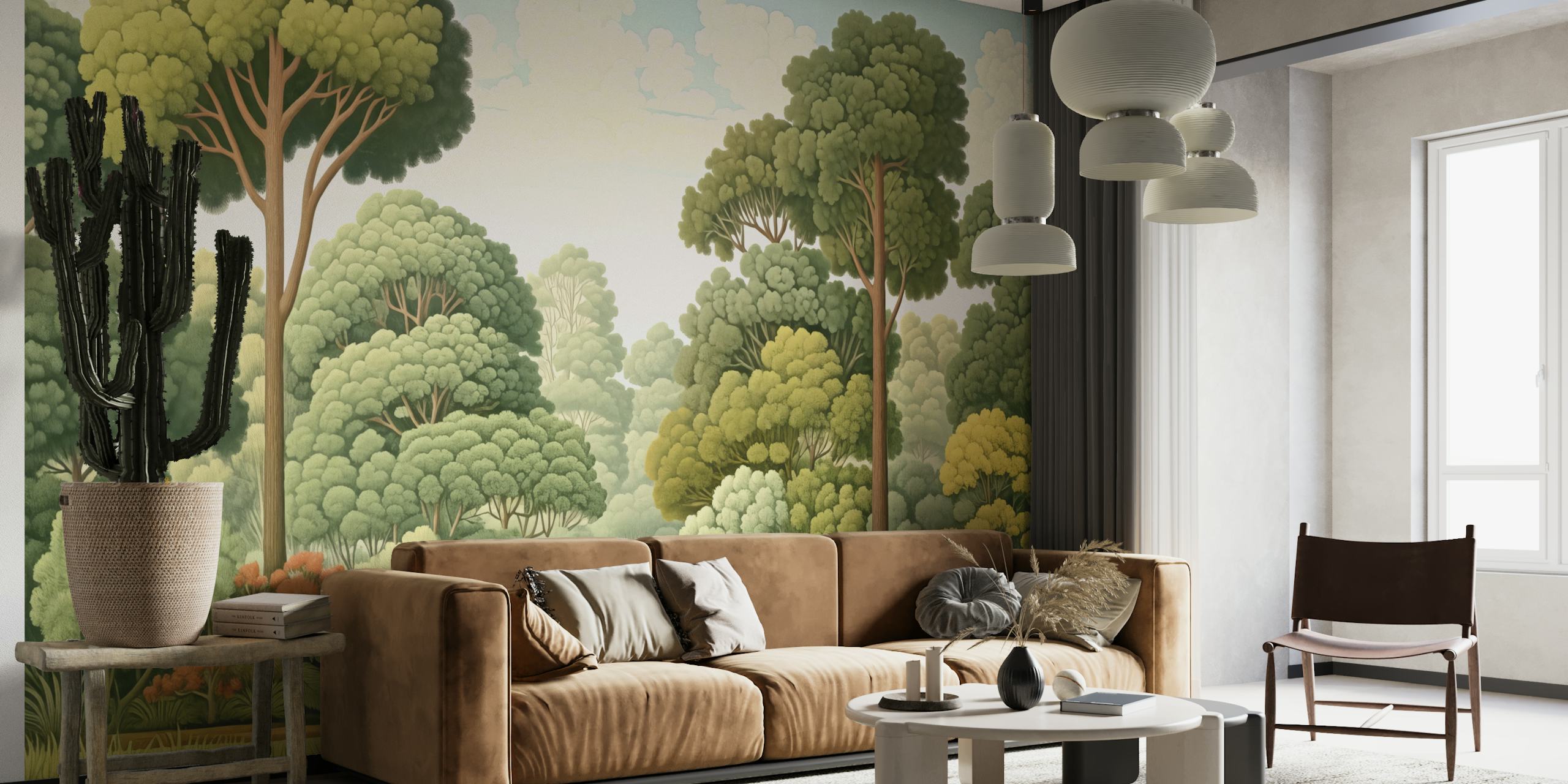 Tapeta Woodcut forest vystavená v místnosti