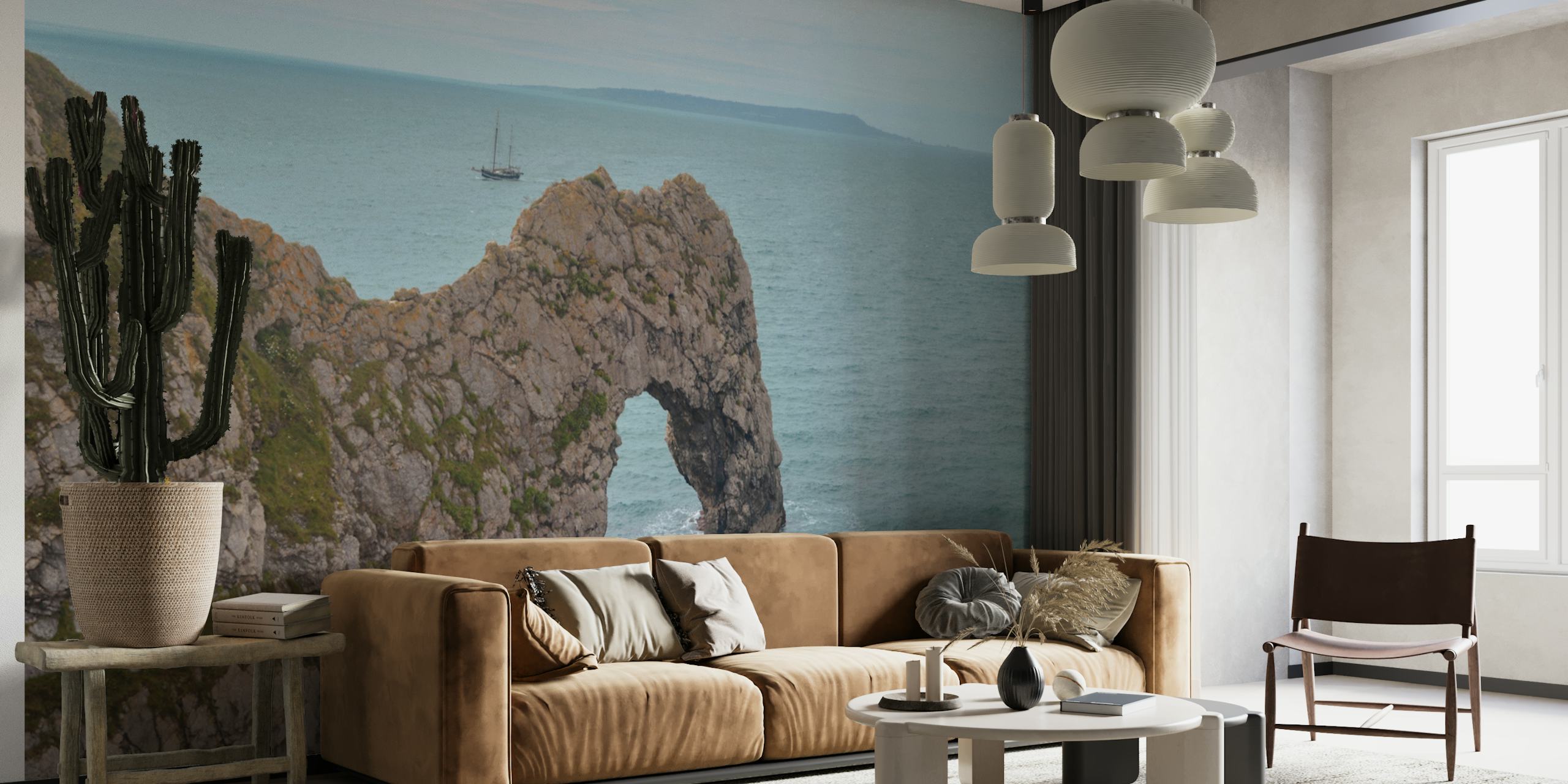 Coastal view wallpaper featuring Durdle Door rock arch and blue waters.