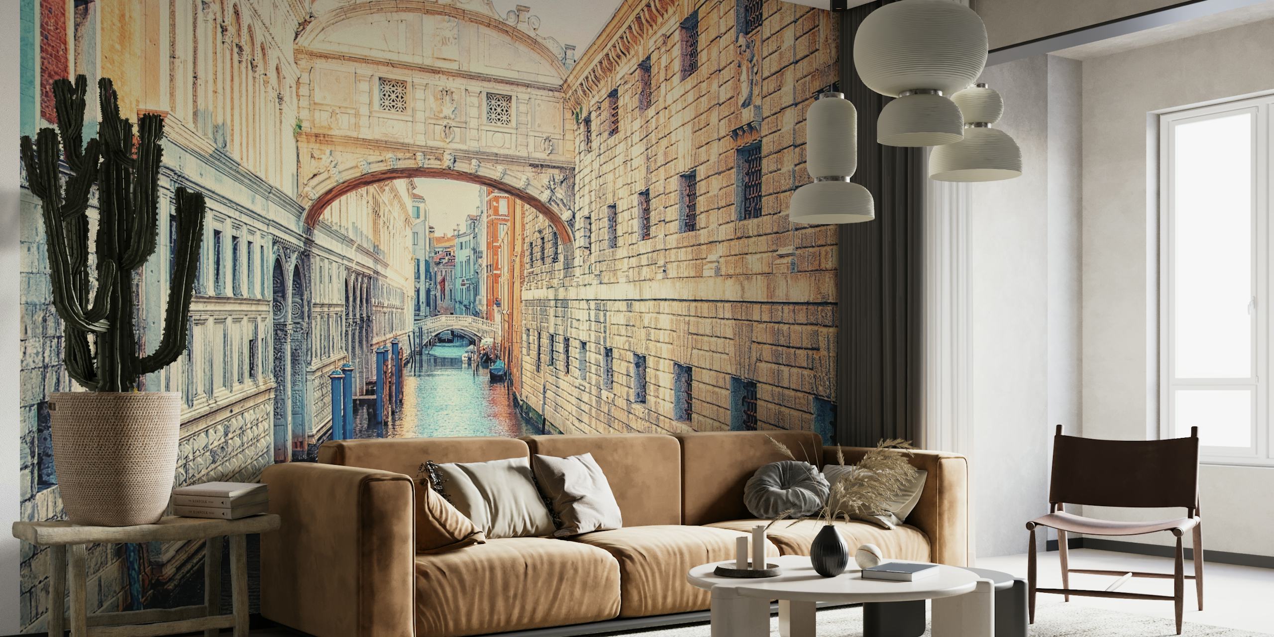 Venetian canal bridge with colorful buildings wallpaper