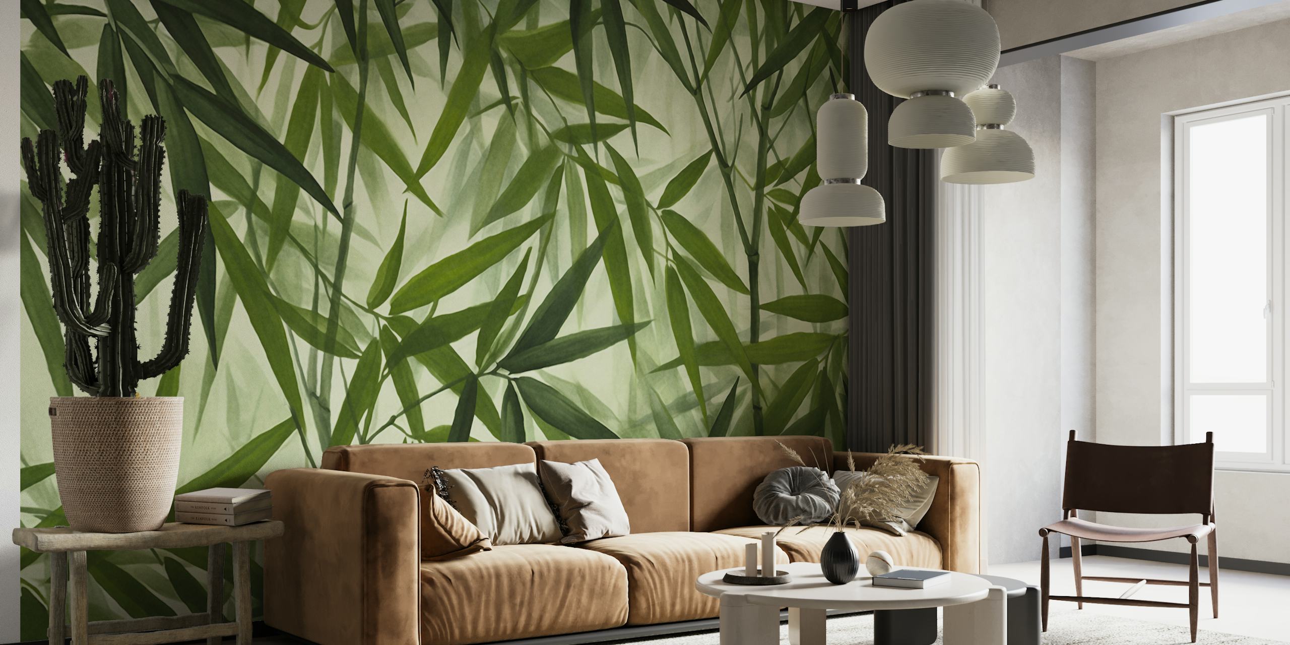 Bamboo leaves on a soft green background wallpaper