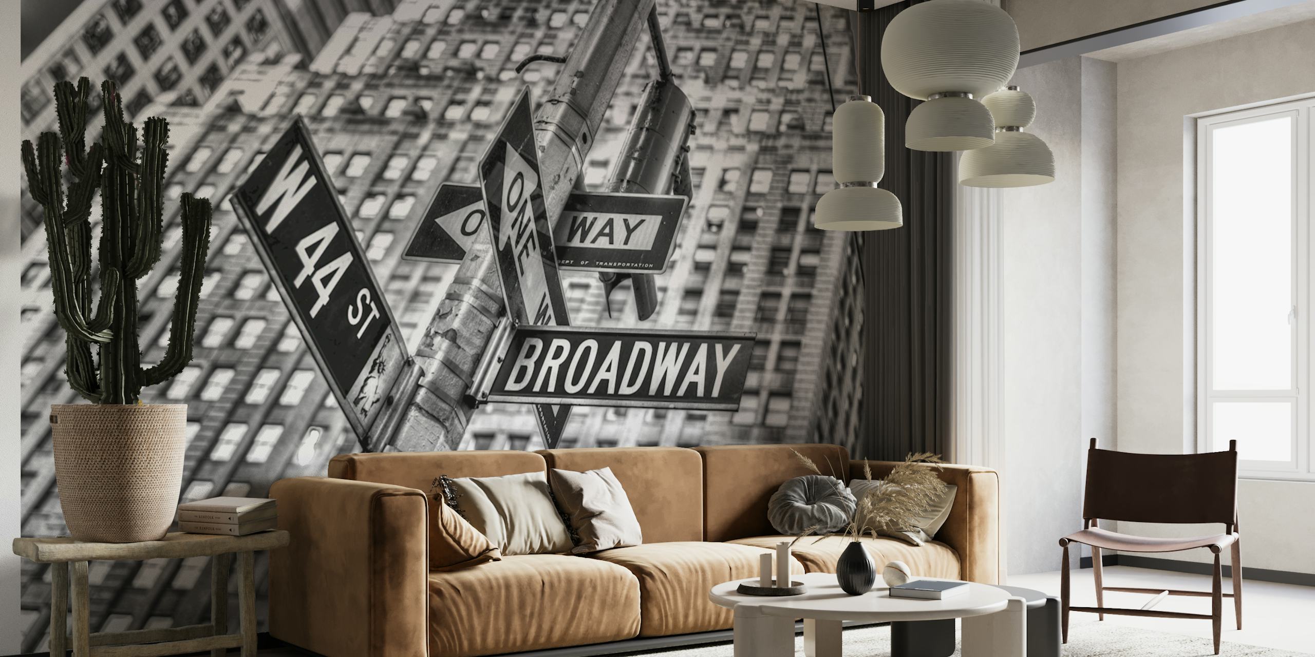 City street signs on buildings in black and white wallpaper