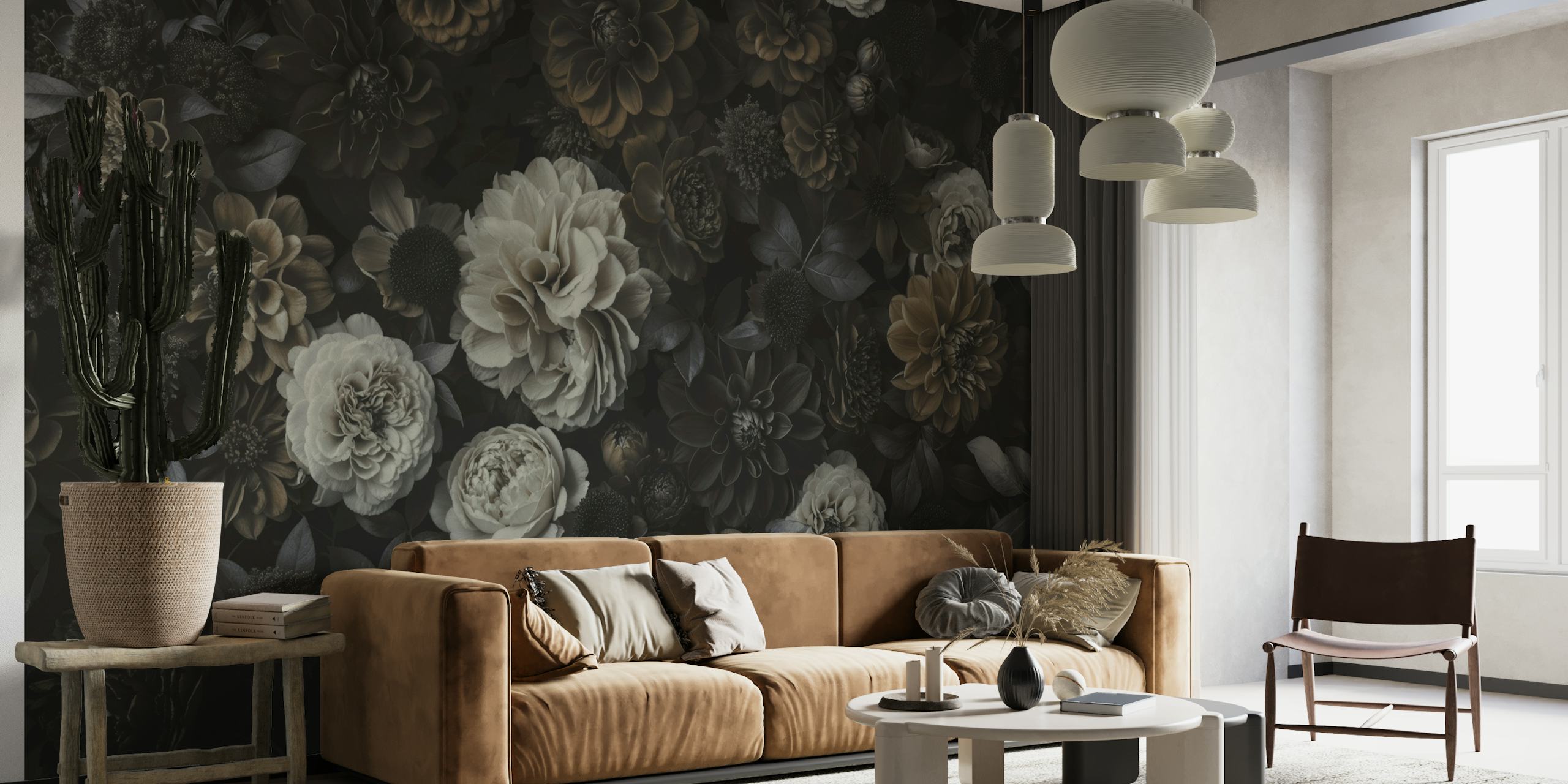 Dahlia Drama Dark Moody Flowers papier peint dans une pièce