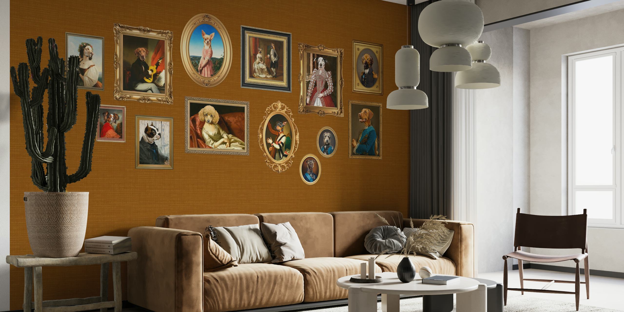 Dog portraits wallpaper in a room setting