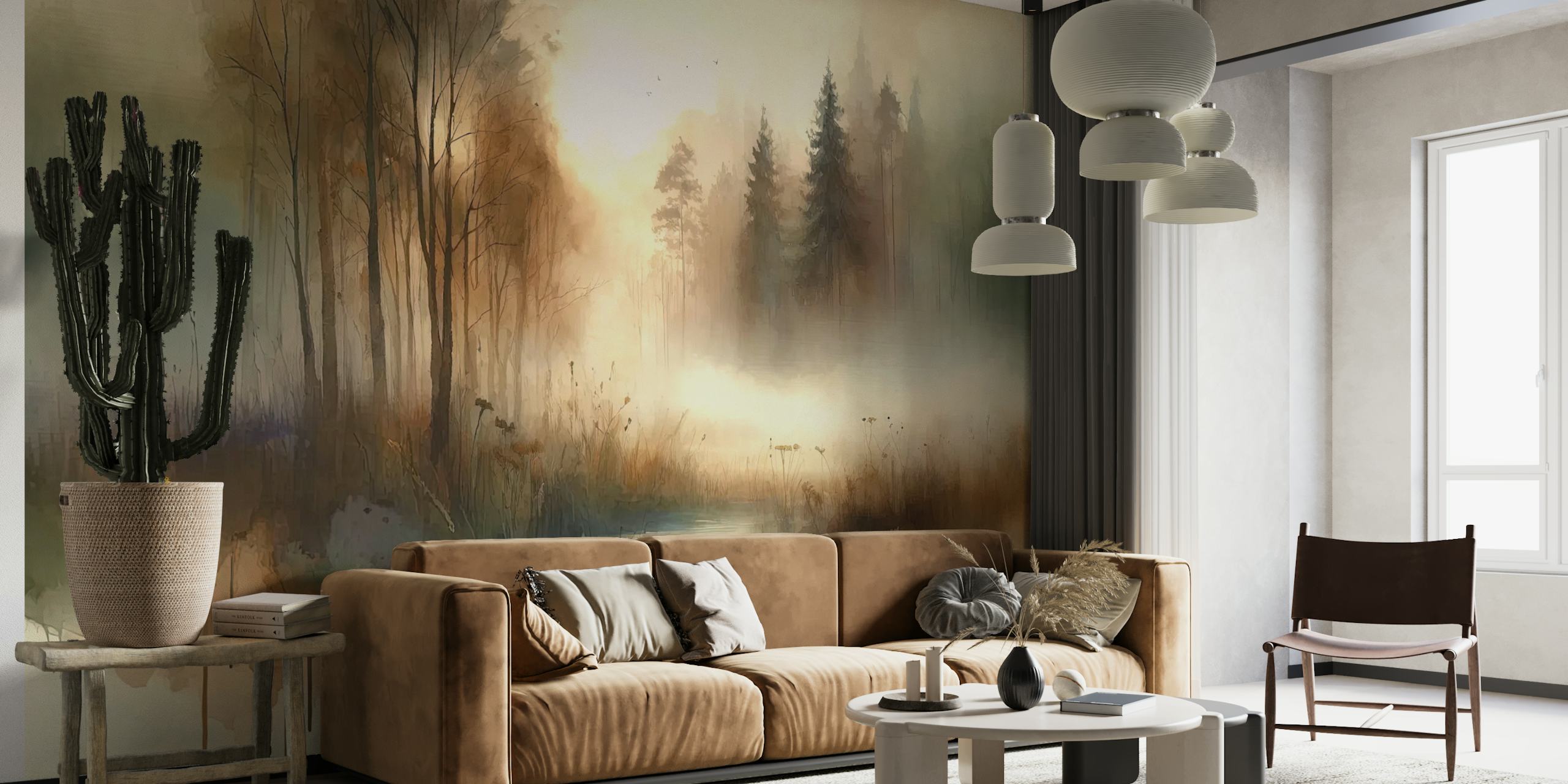 Misty forest landscape with trees, soft colors and light effects wallpaper