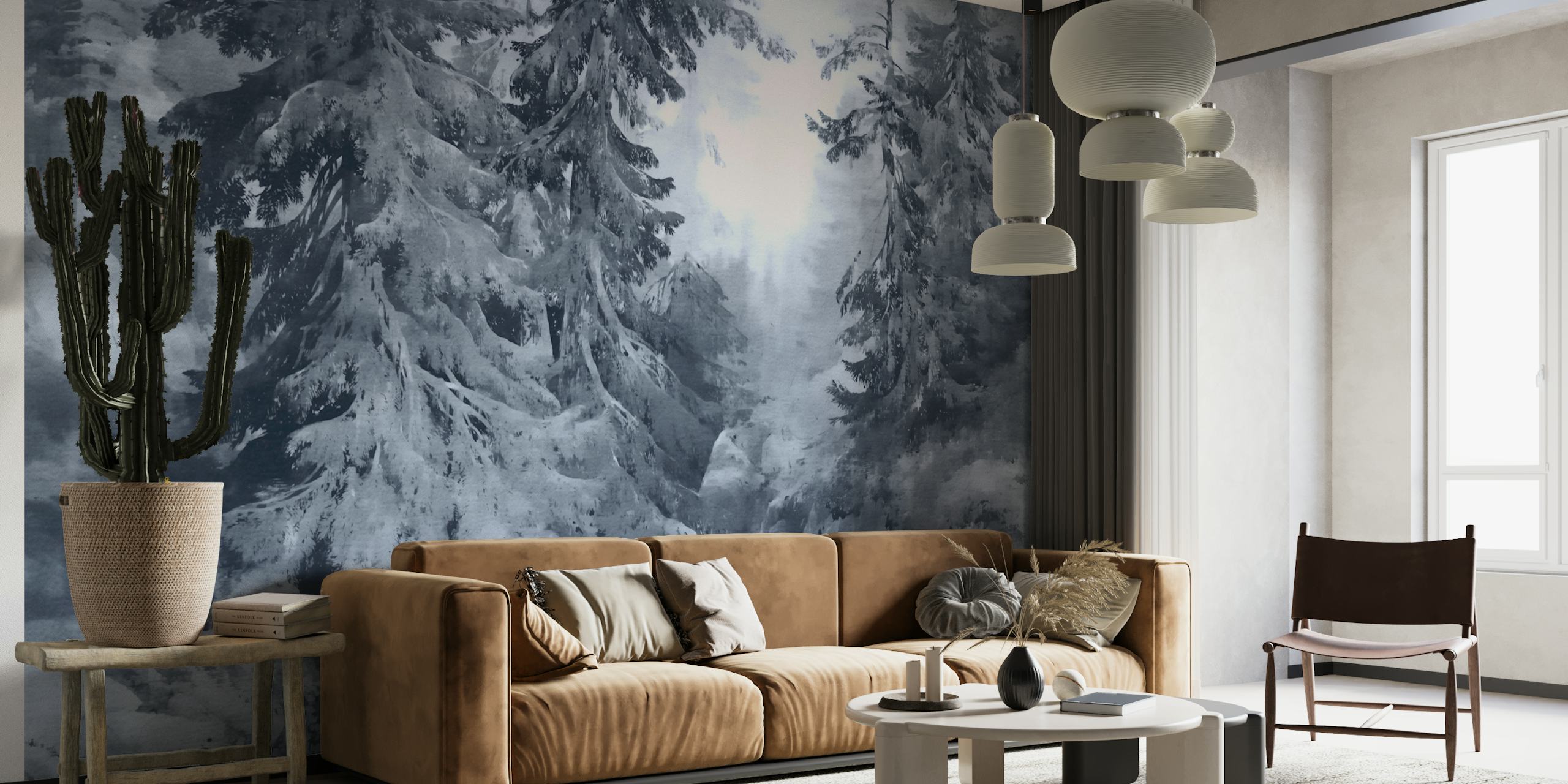 Misty Pine Escape wallpaper displayed in a room