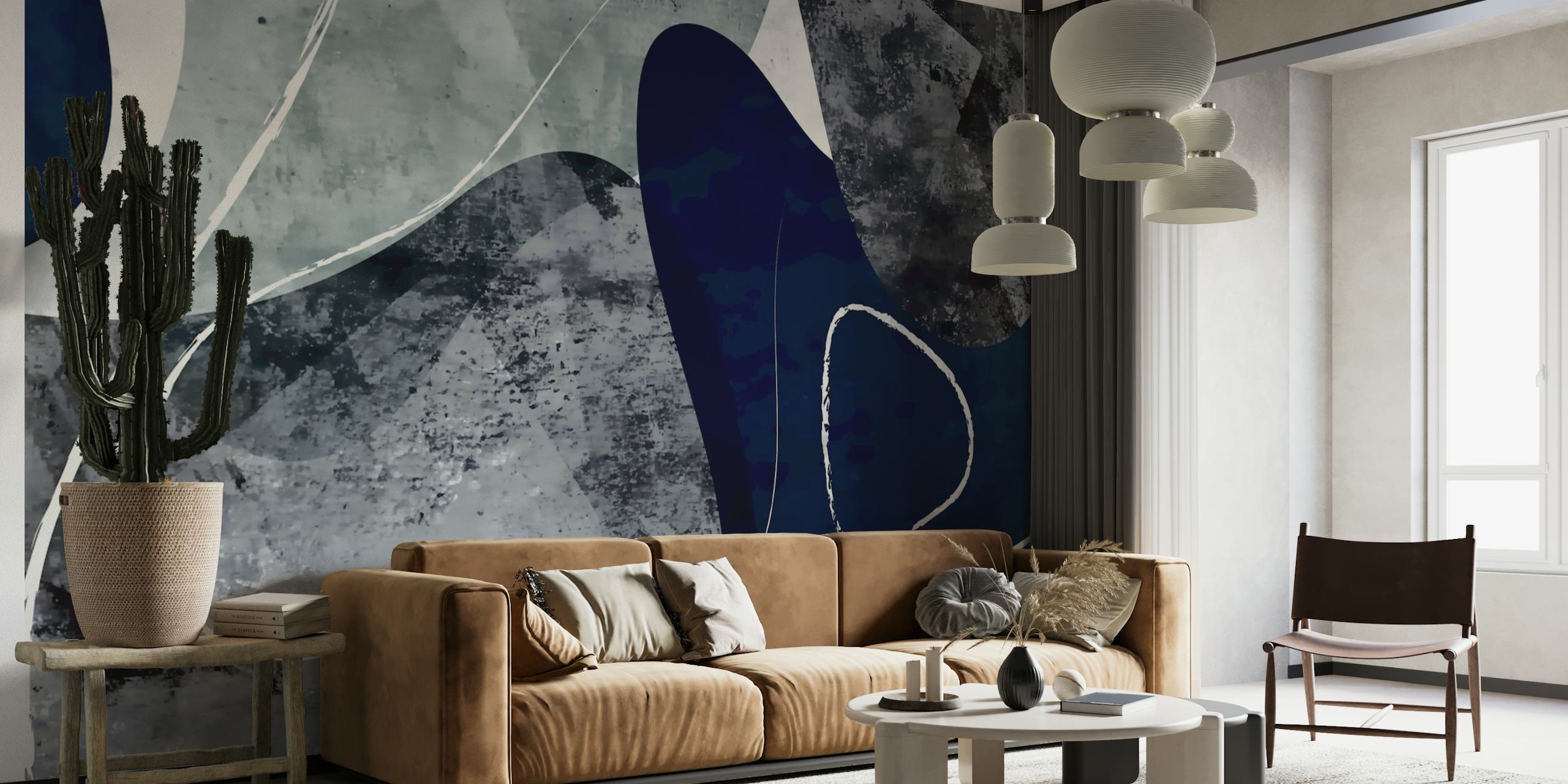 Abstract gray and blue shapes on a textured wallpaper