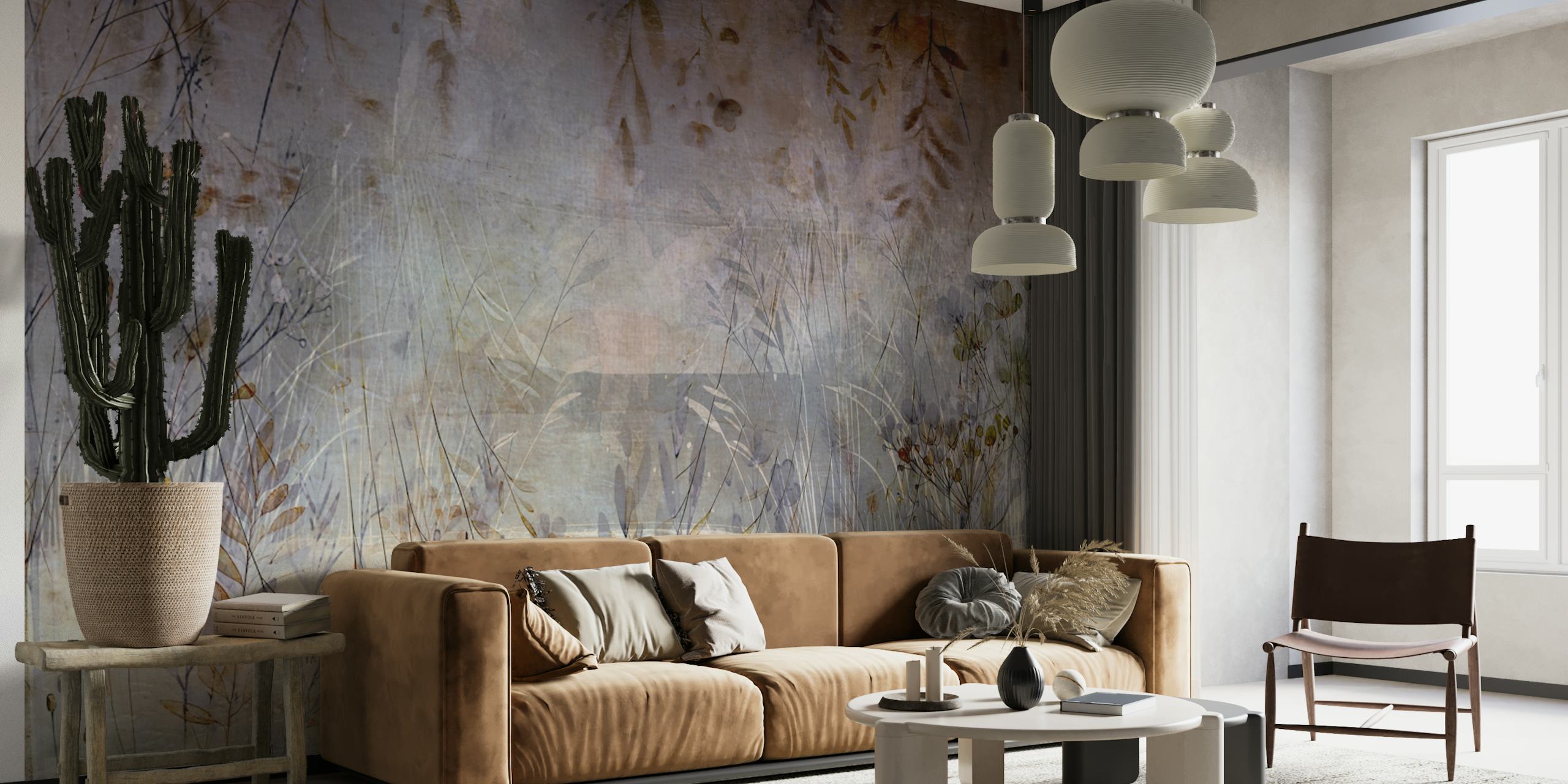 Muted botanical floral wallpaper with leaves and plants in soft tones