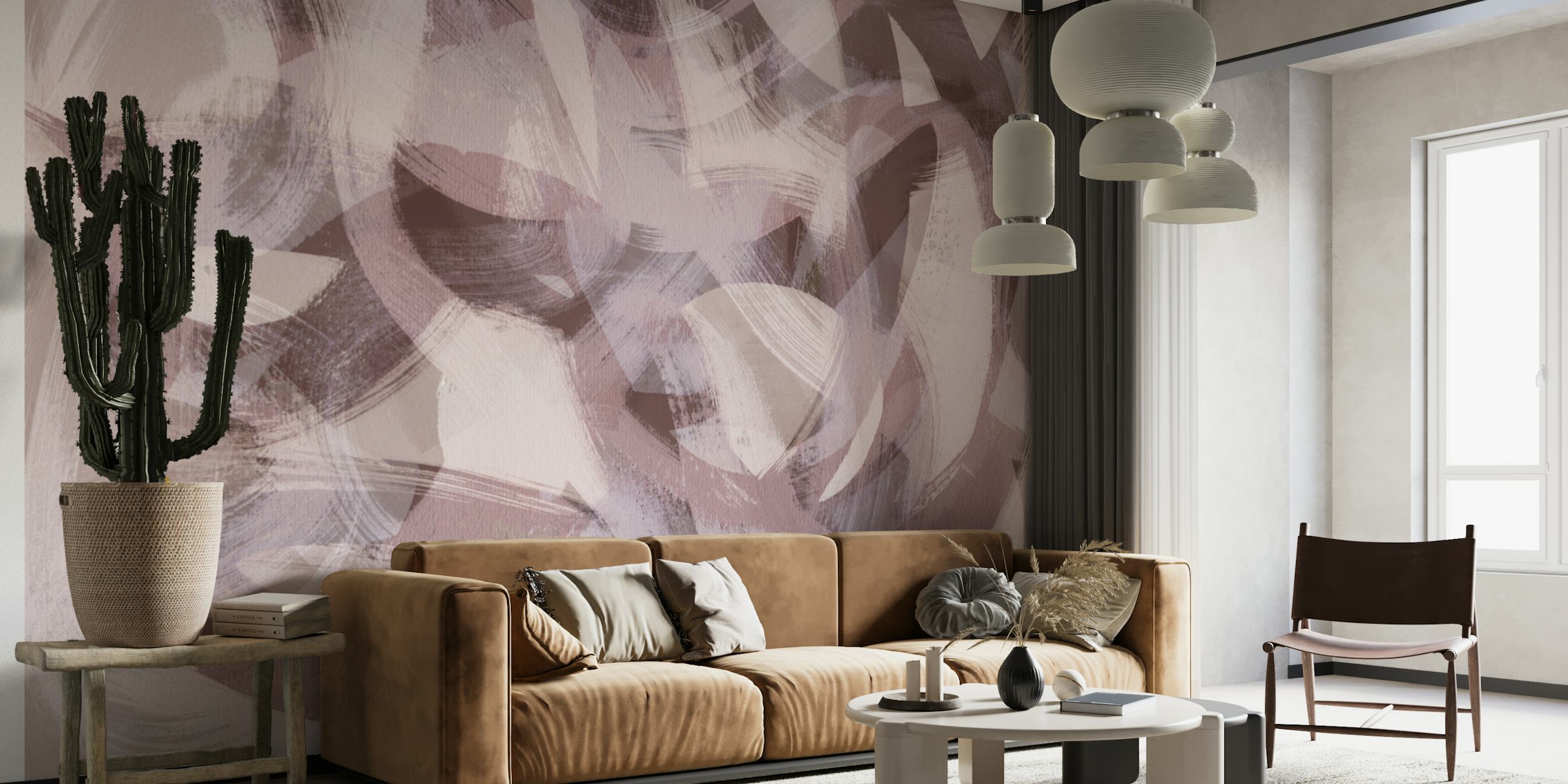 Abstract brush strokes in soft beige, pink, and white colors wallpaper