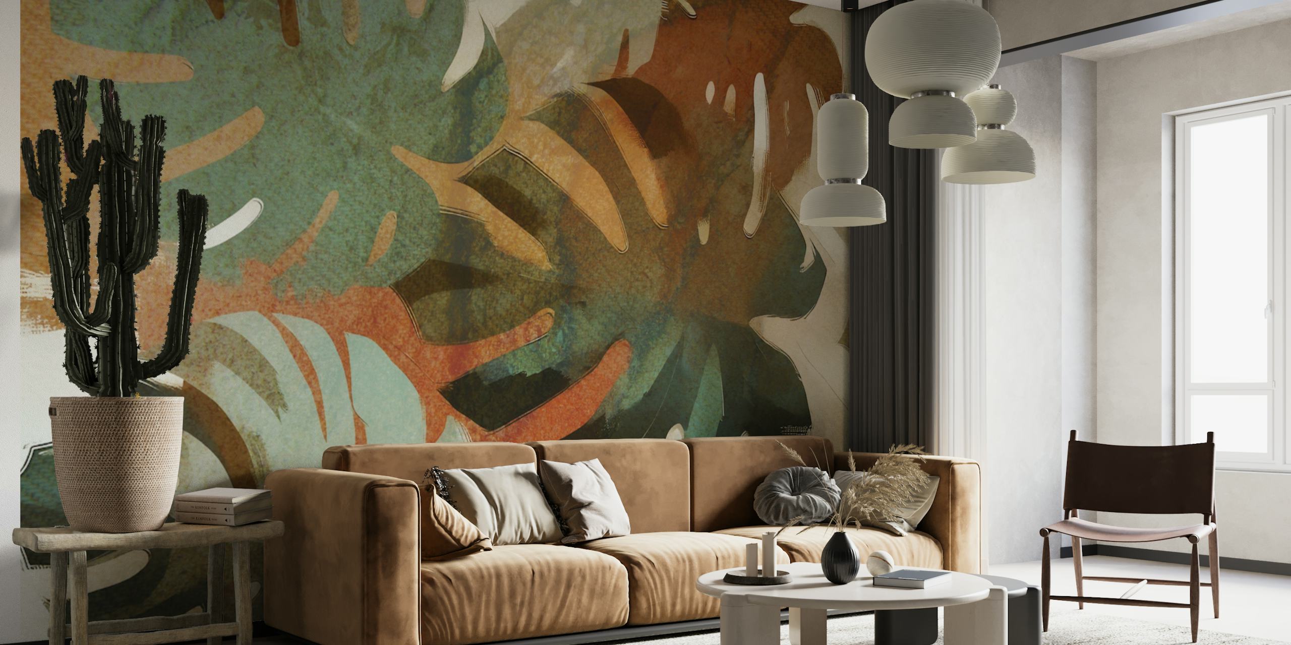 Tropical Monstera leaves in greens and browns on wallpaper