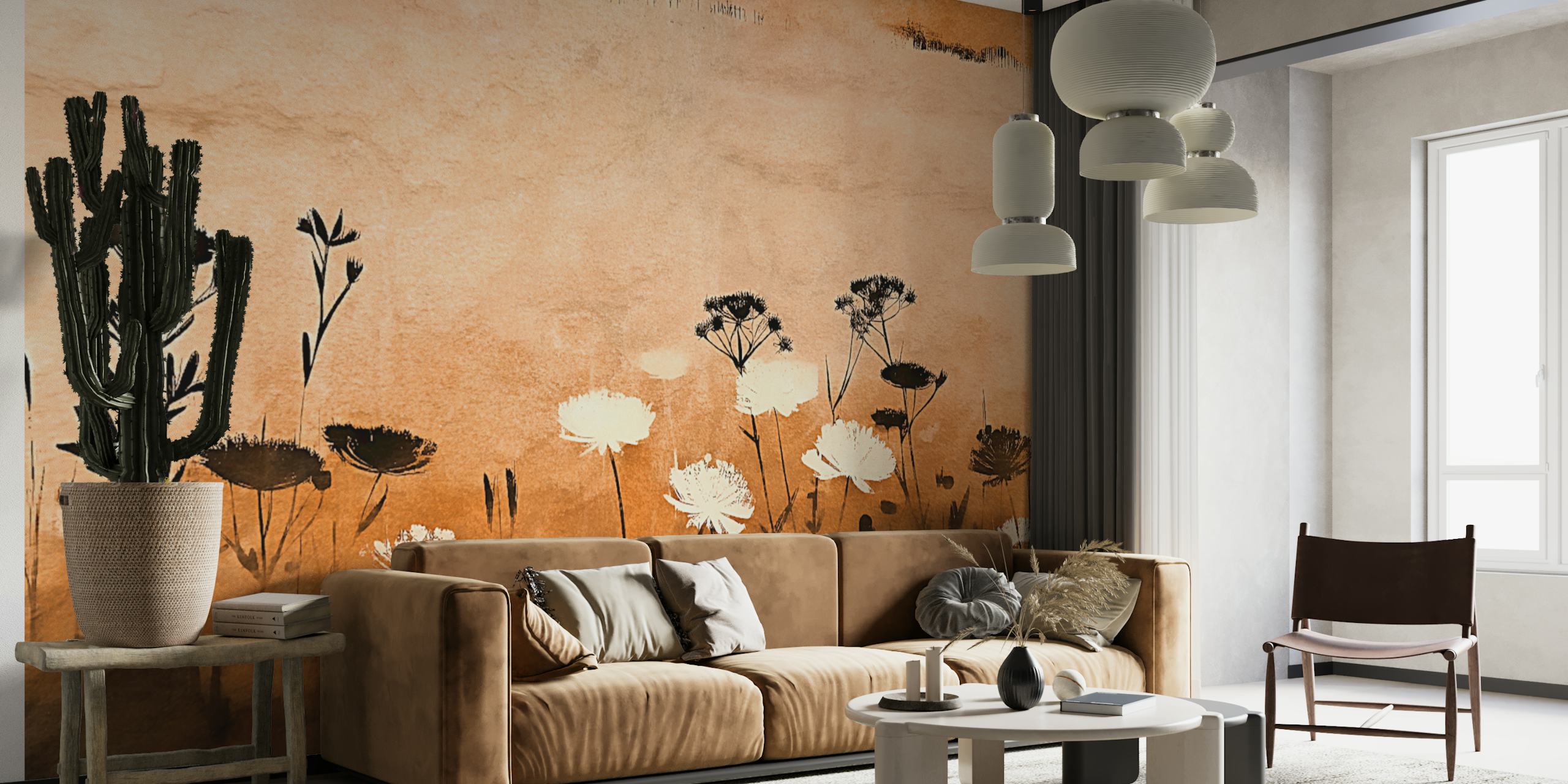 Amber Meadow Blooms floral wallpaper in a room