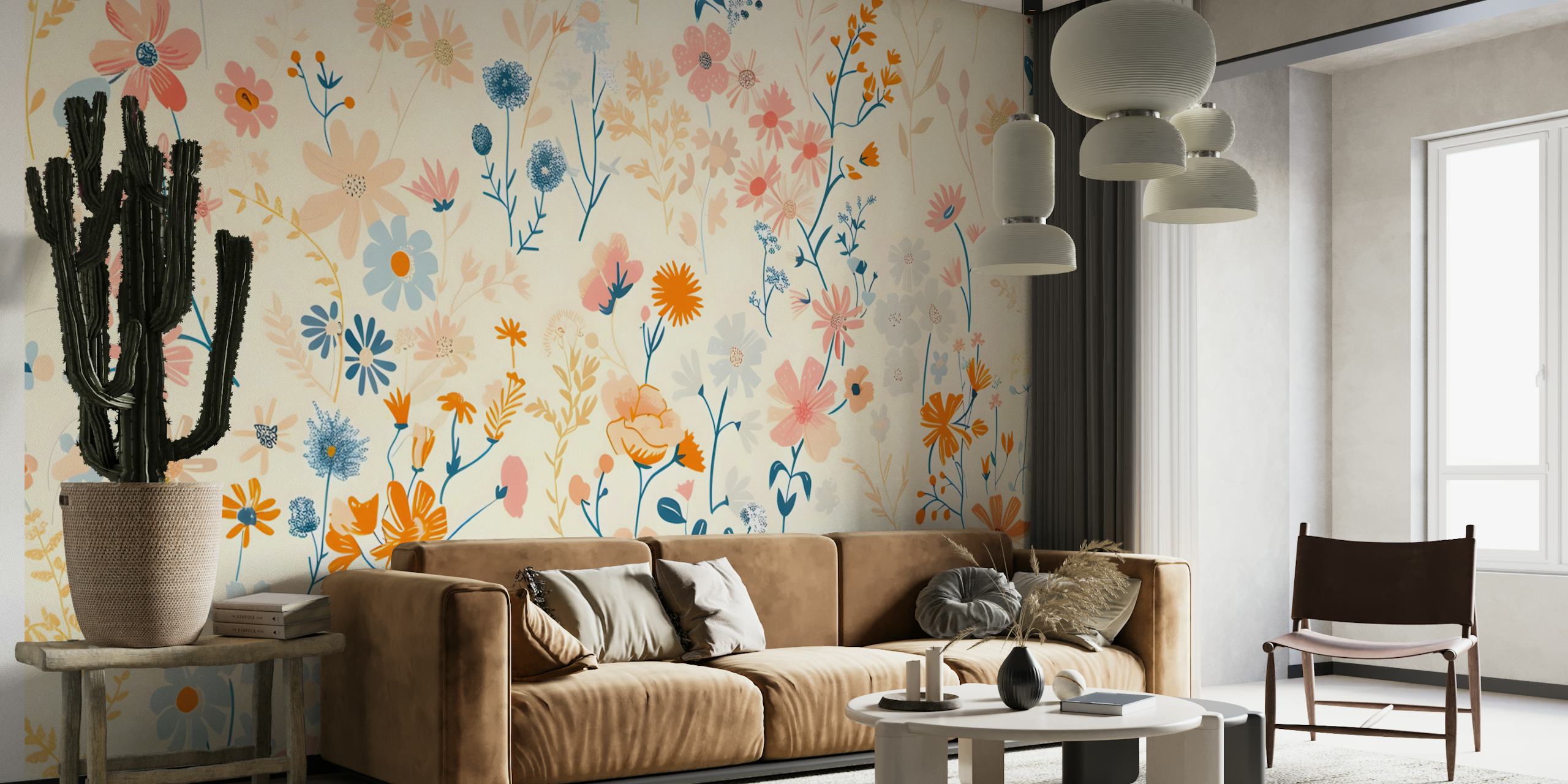 Colorful flowers on soft cream background botanical wallpaper