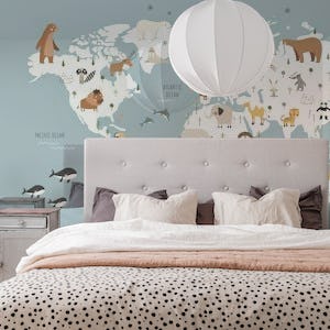 Map with animals mural blue
