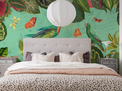 Exotic Rainforest With Colorful Tropical Parrots