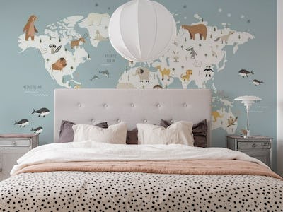 Map with animals mural blue