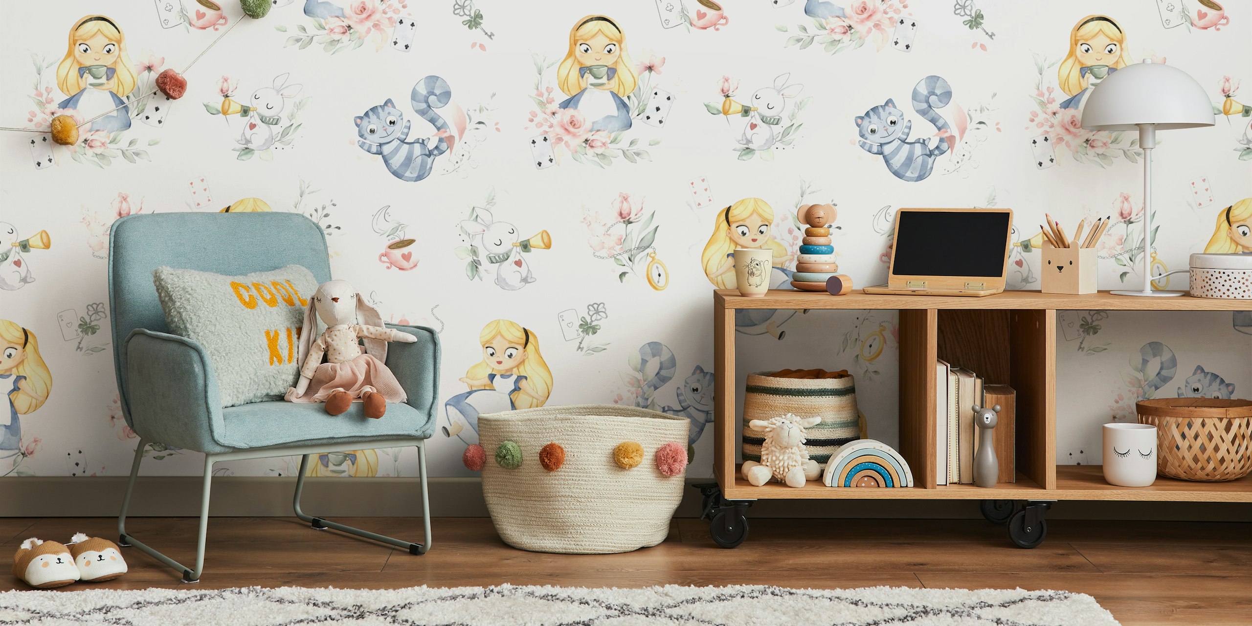 Alice in Wonderland themed wallpaper in a room