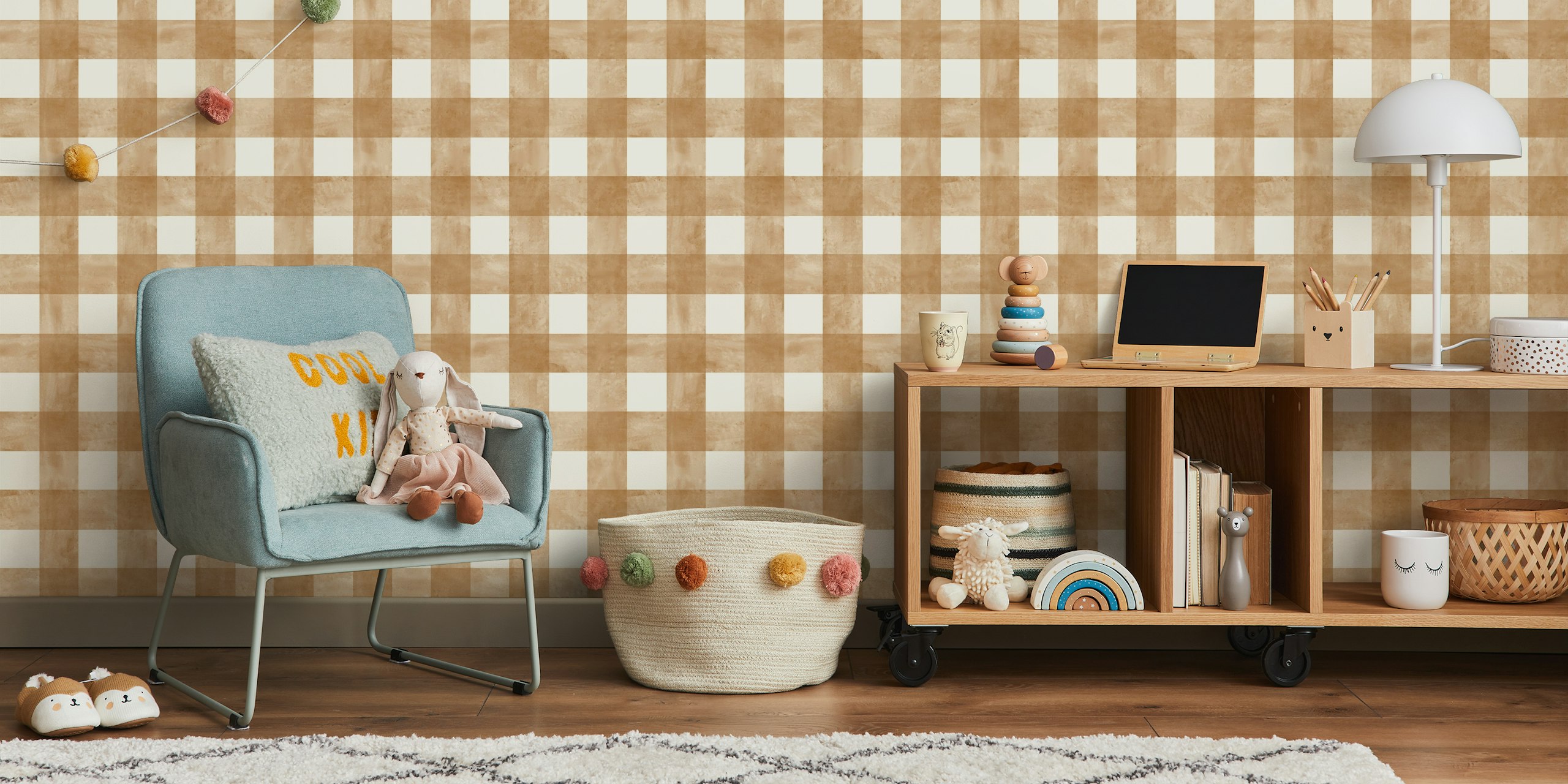 Golden bronze watercolor gingham pattern wallpaper