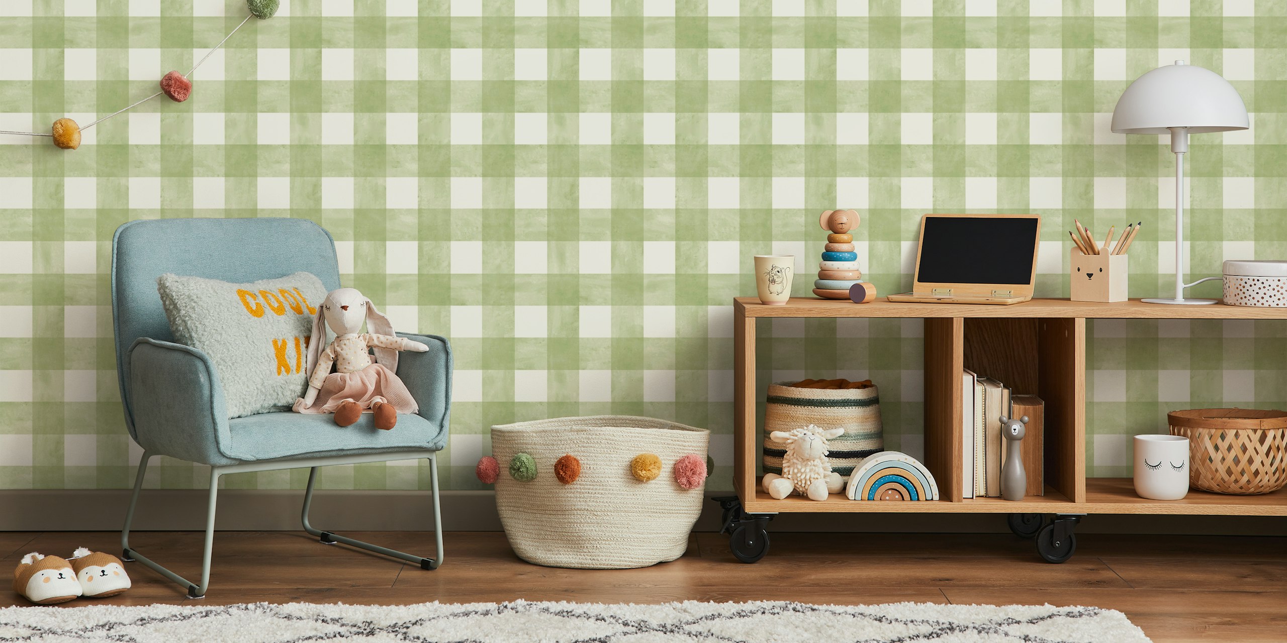 Sage green Watercolor Gingham tapet i et rum